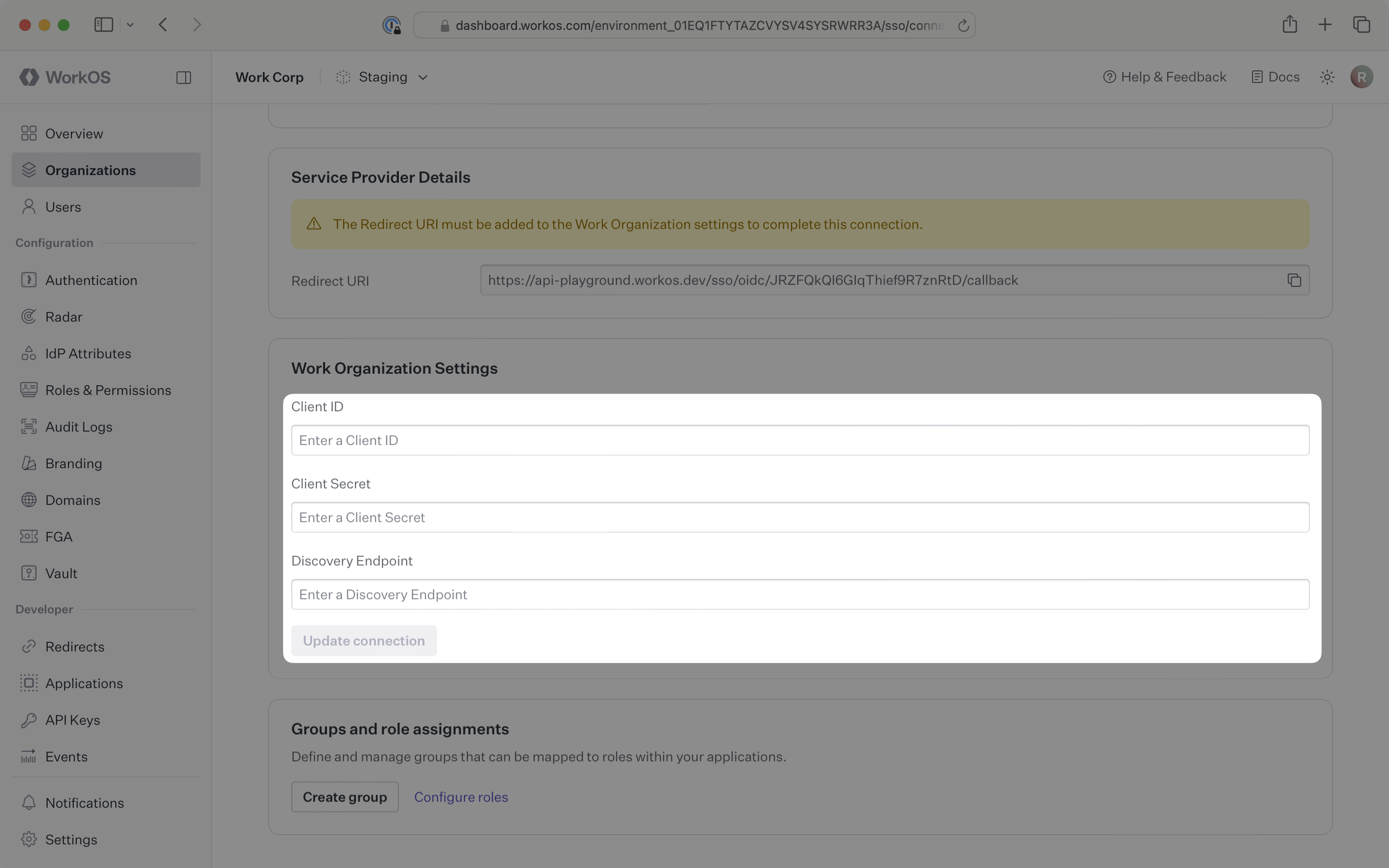 Input the Client ID, Client Secret, and Discovery Endpoint in the WorkOS Dashboard