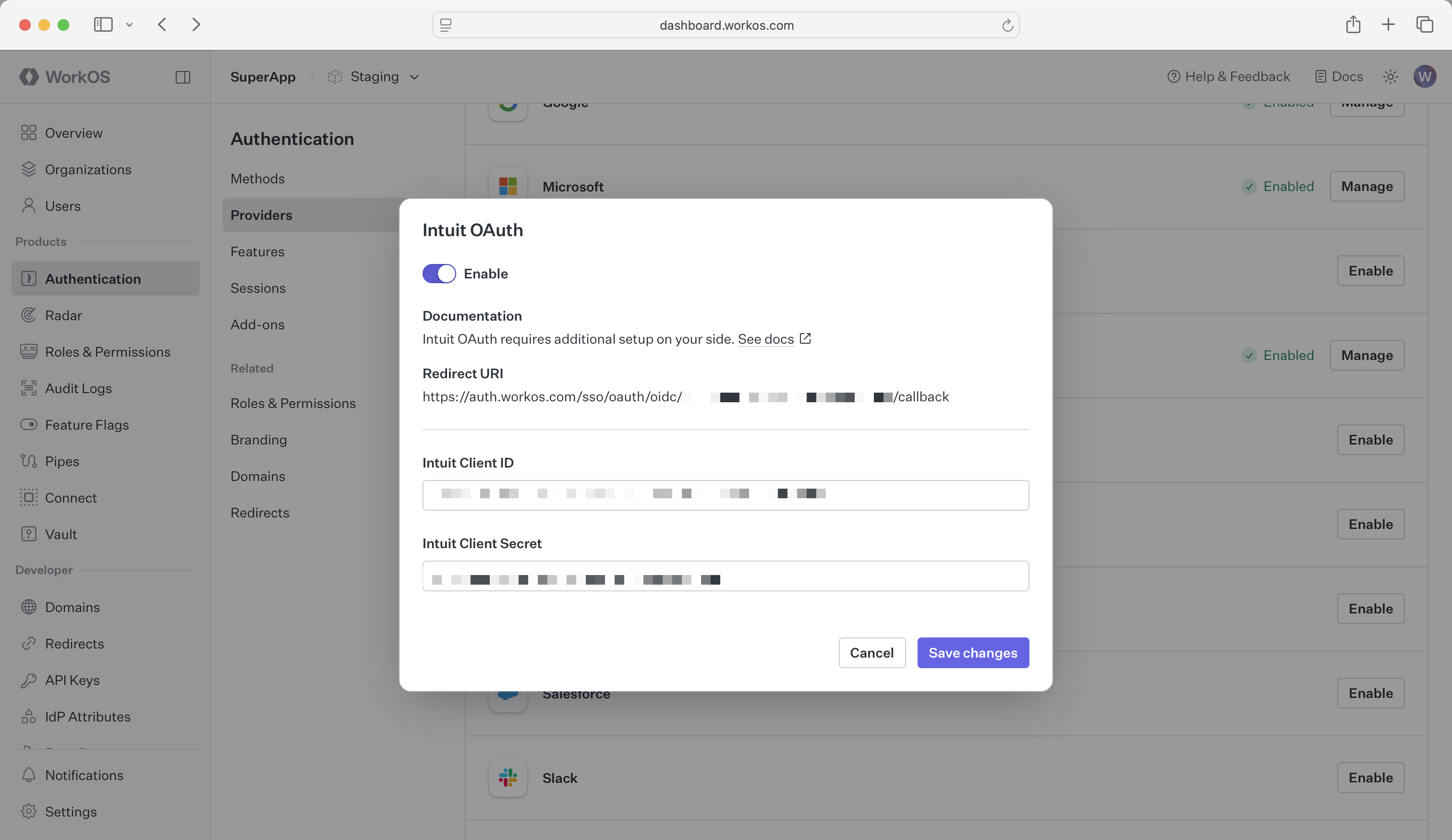 Entering Intuit Credentials in WorkOS Dashboard