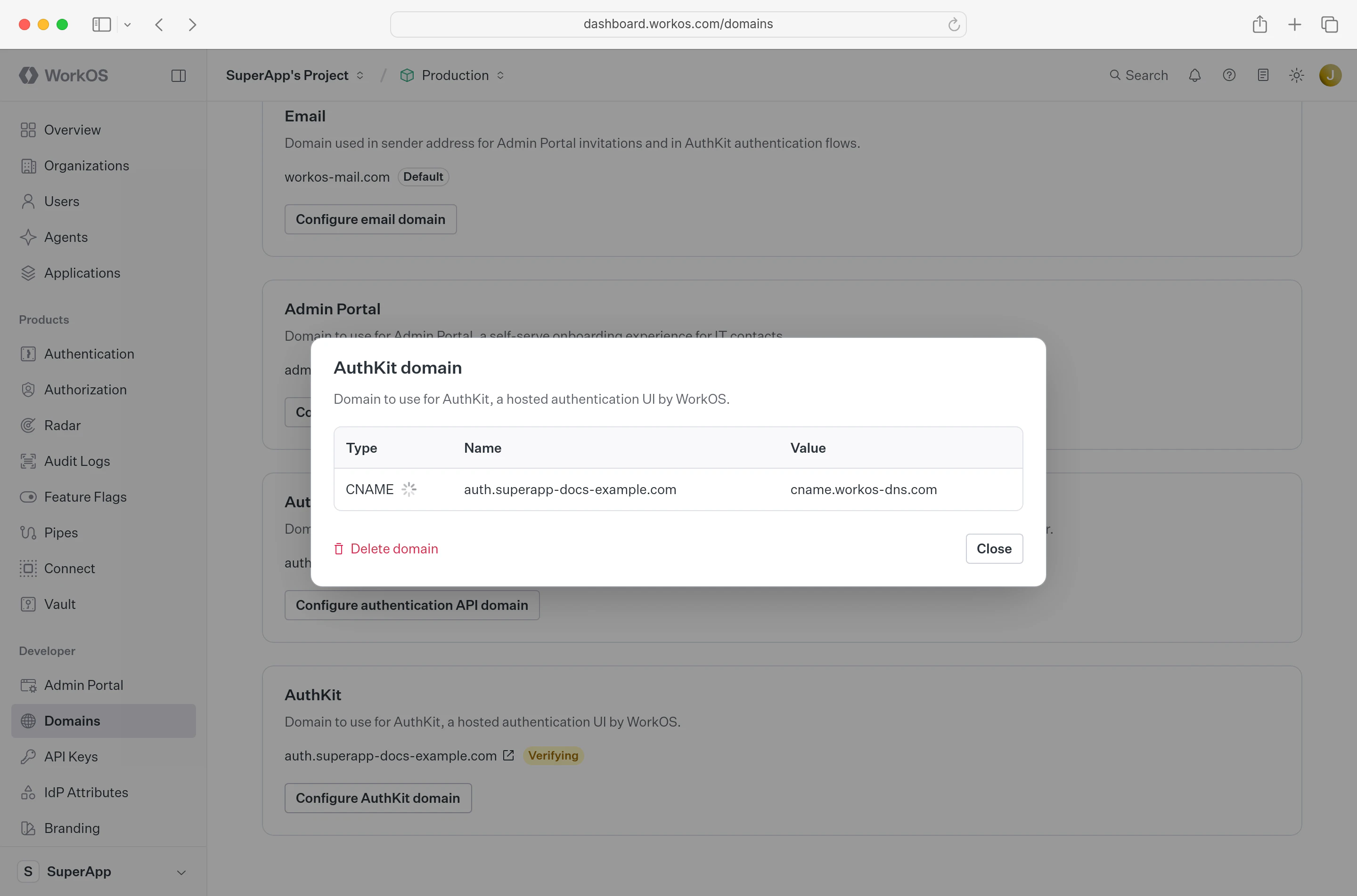 Dashboard displaying CNAME entries