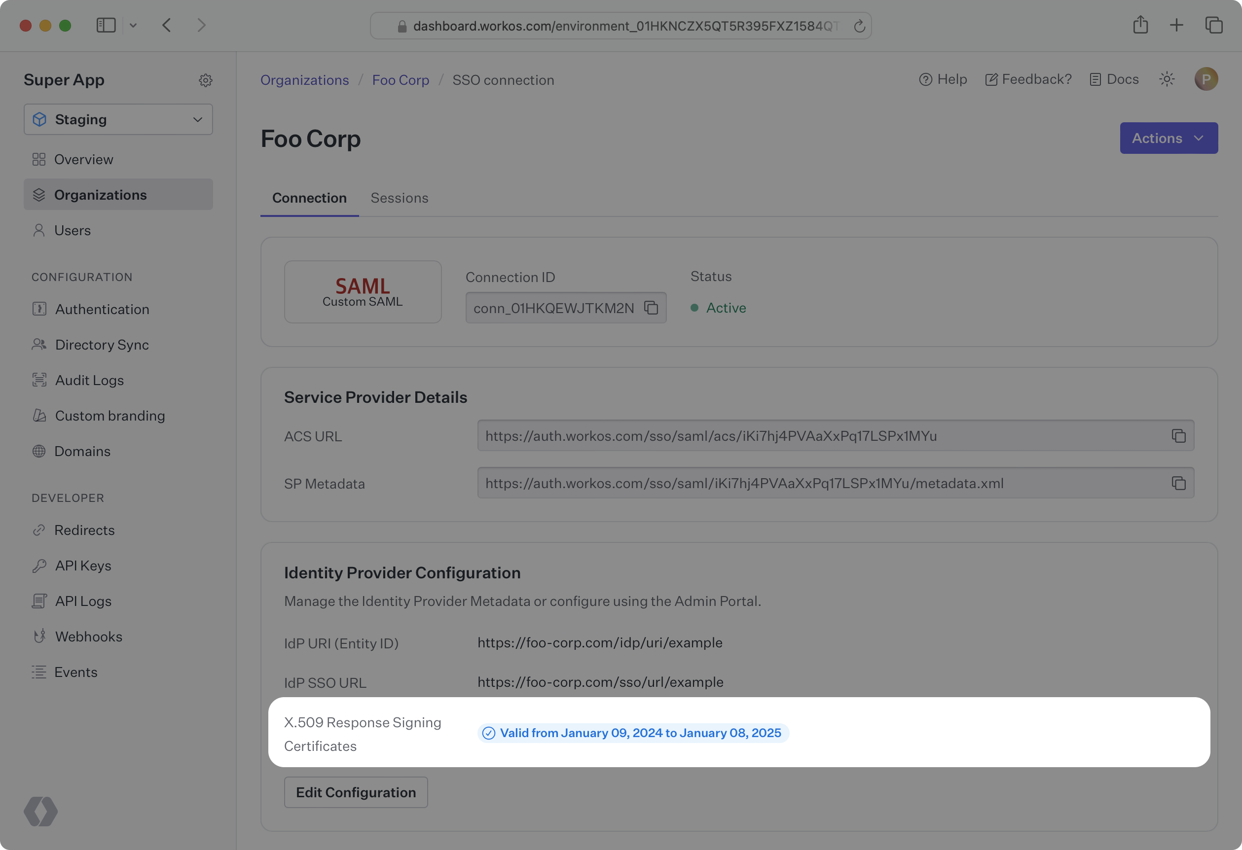 WorkOS Dashboard UI showing a SAML certificate expiration date