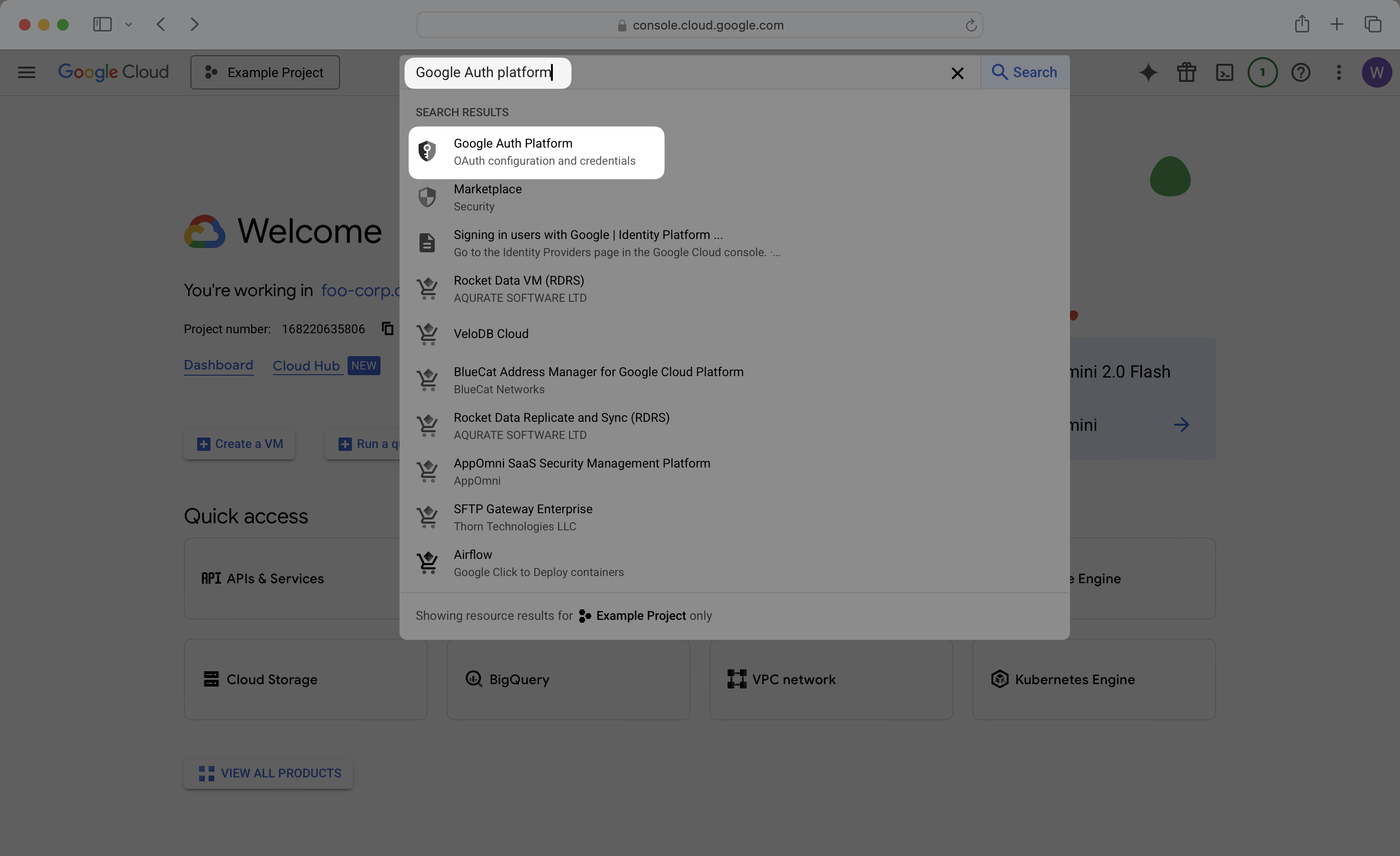 Google Cloud Console search results showing Google Auth Platform service