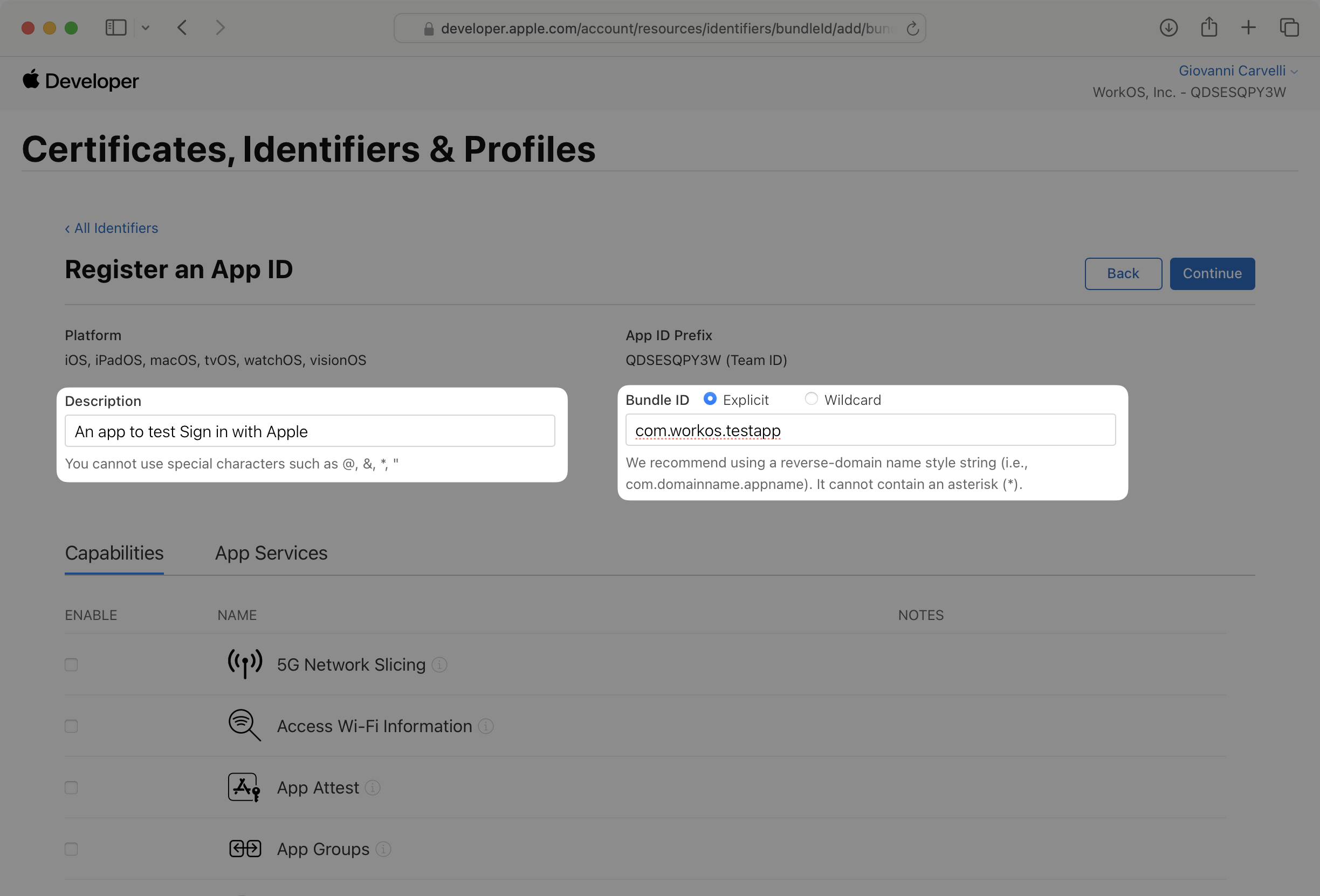 A screenshot showing the third step in the Identifier creation wizard. A placeholder Description and Bundle ID have been entered.