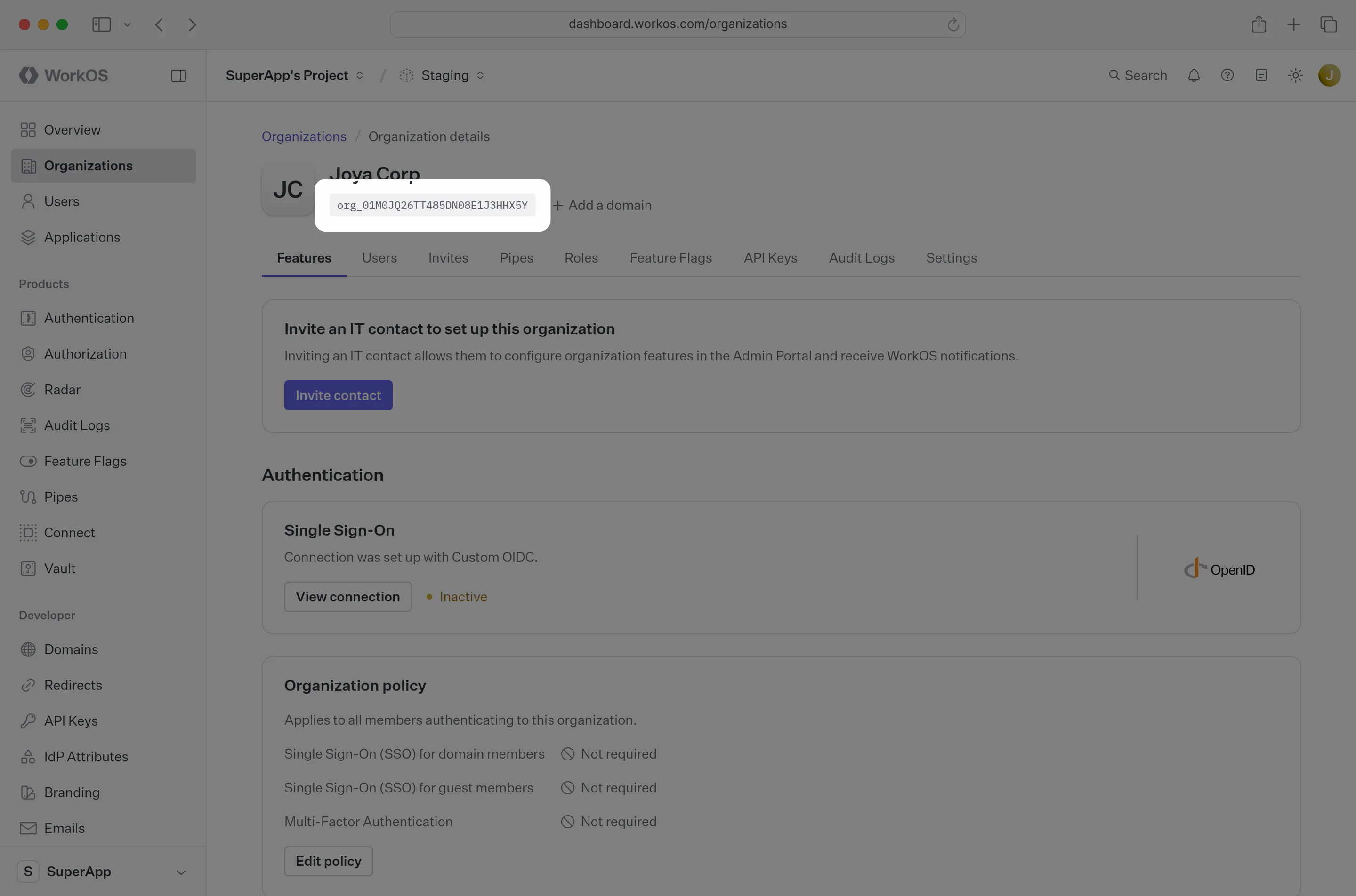 A screenshot showing where to find an Organization ID in the WorkOS dashboard.