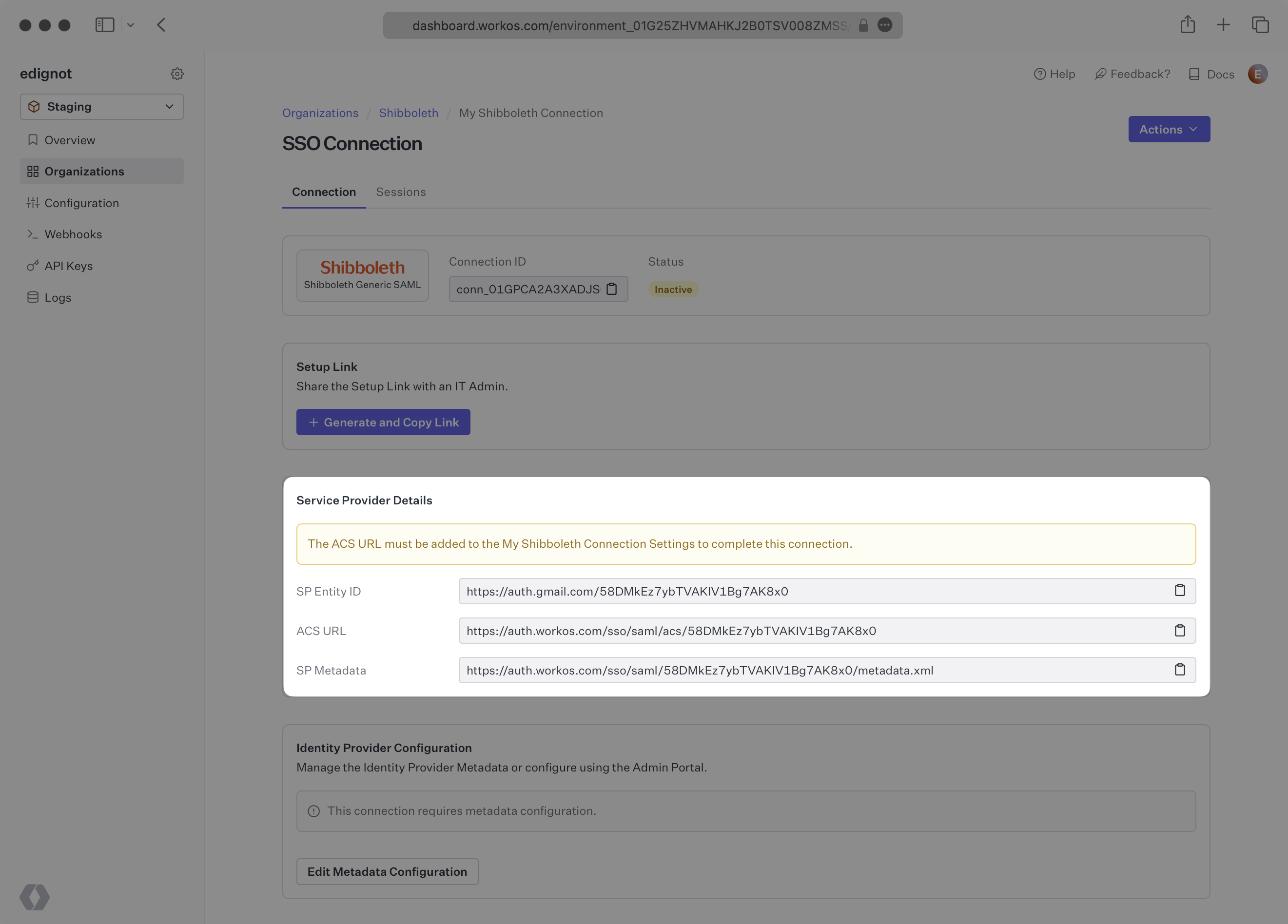 A screenshot showing where to find the ACS URL, SP Metadata and SP Entity ID in the WorkOS Dashboard.