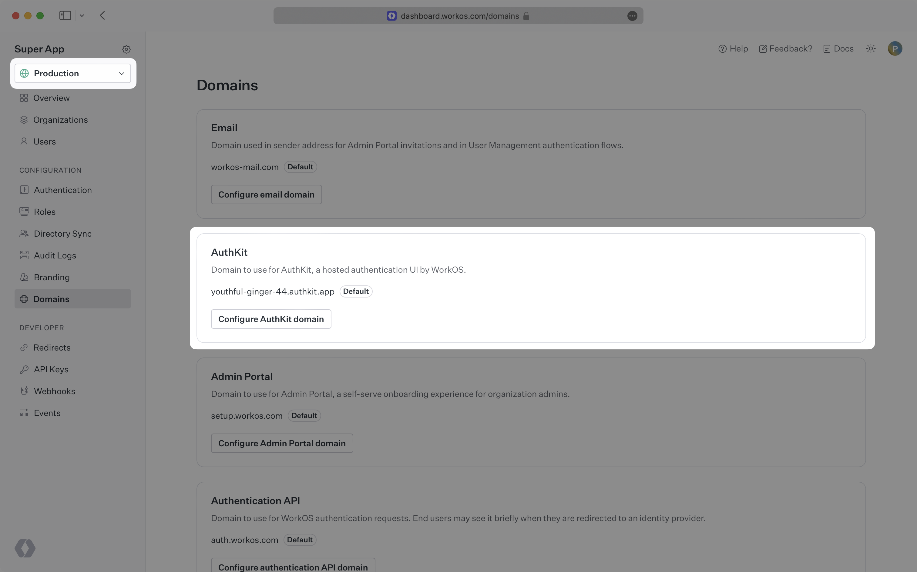 Dashboard displaying domain configuration settings