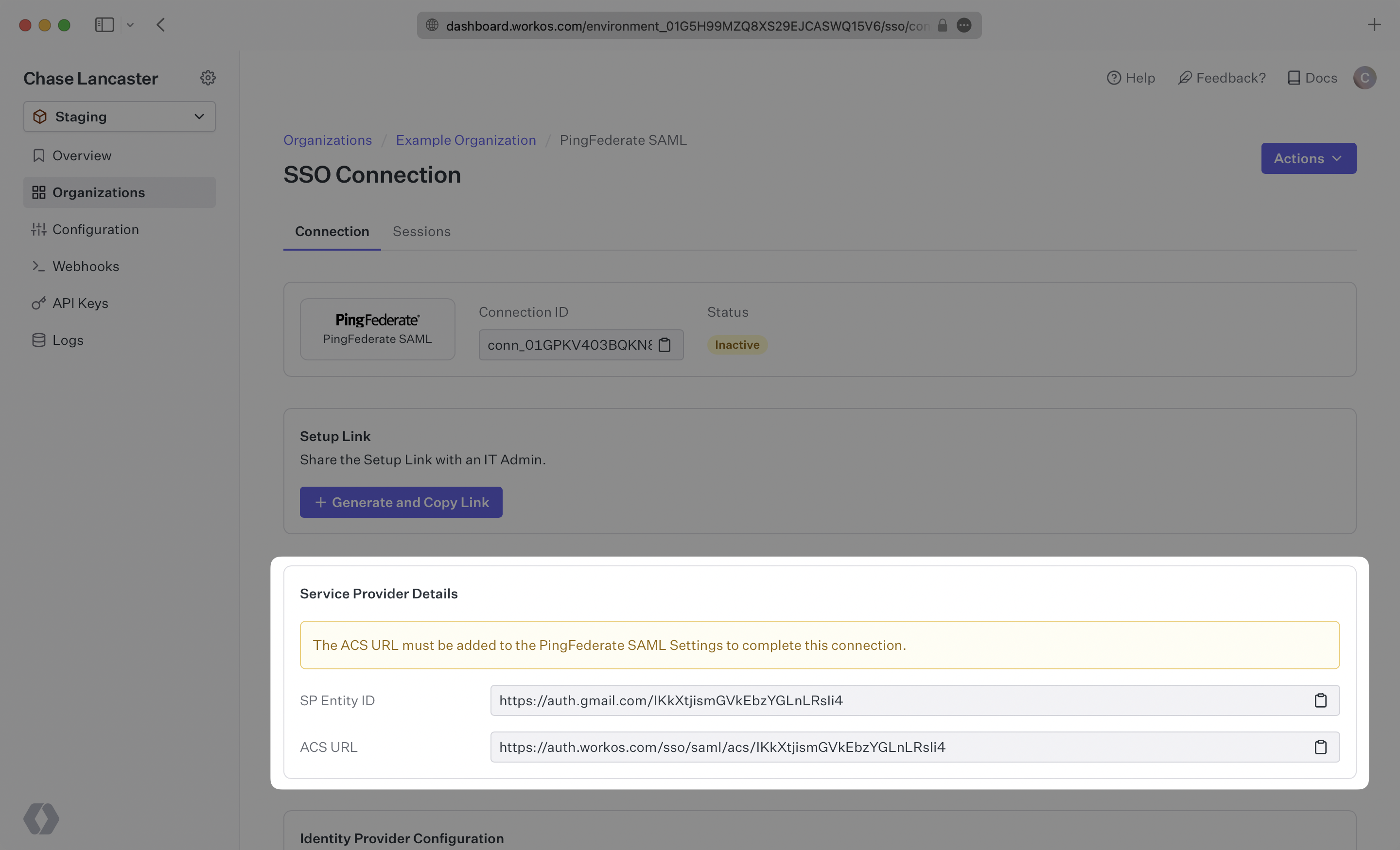 A screenshot showing where to find the ACS URL and SP Entity ID in the WorkOS Dashboard.