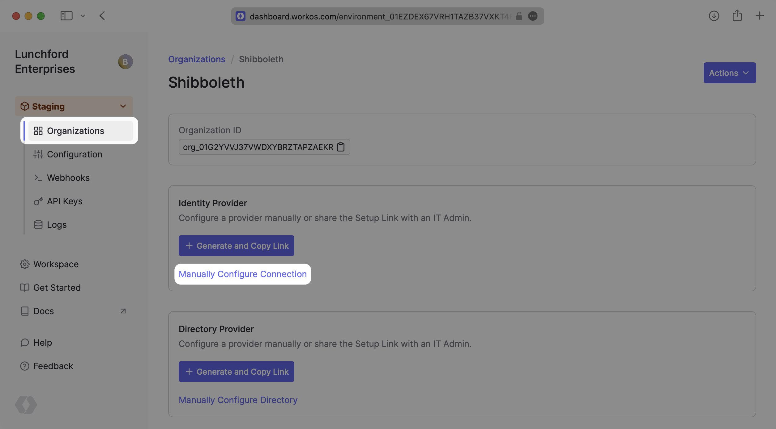 A screenshot showing where to find "Manually Configure Connection" in the WorkOS Dashboard.