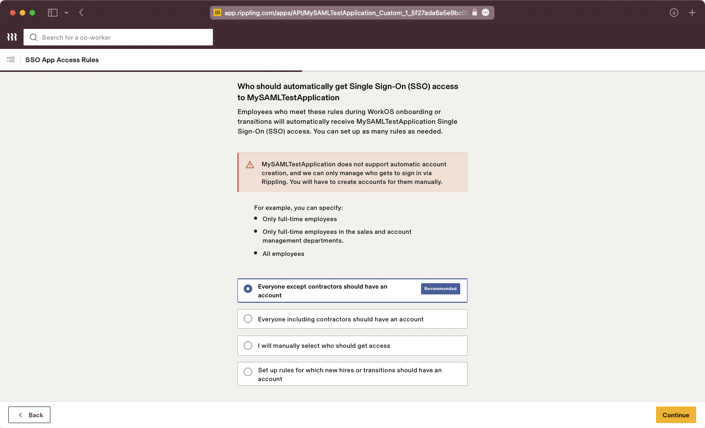 A screenshot showing where to select SSO Access Rules in the Rippling dashboard.