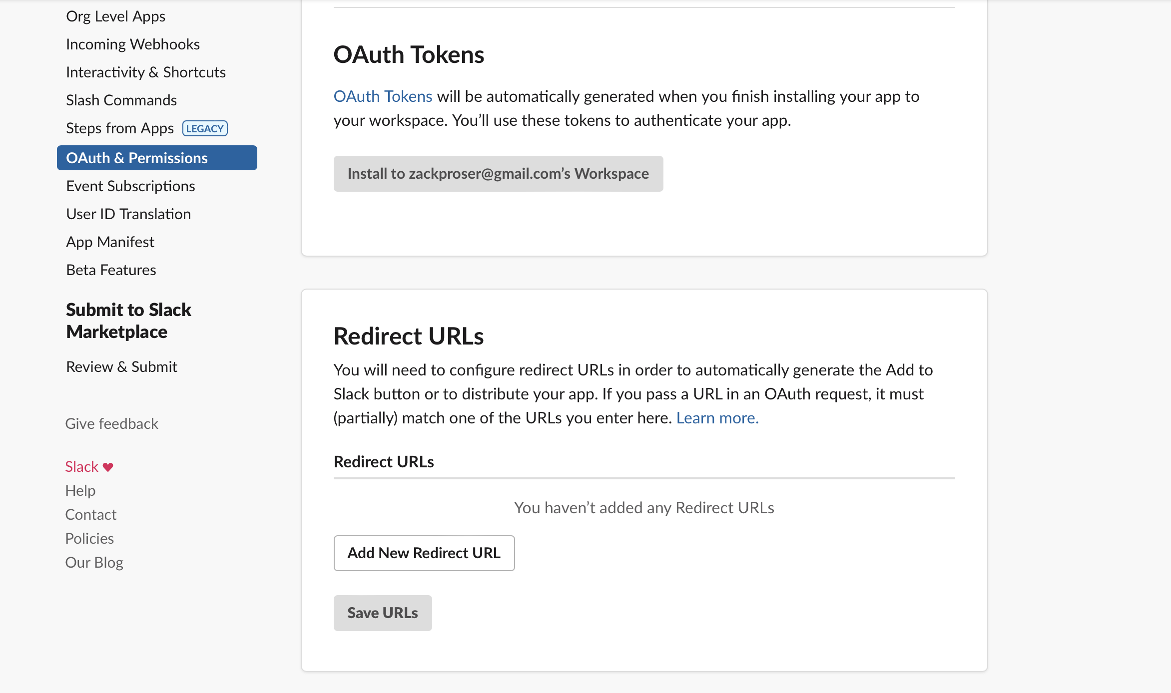 The Slack API portal showing where to configure your redirect URI.