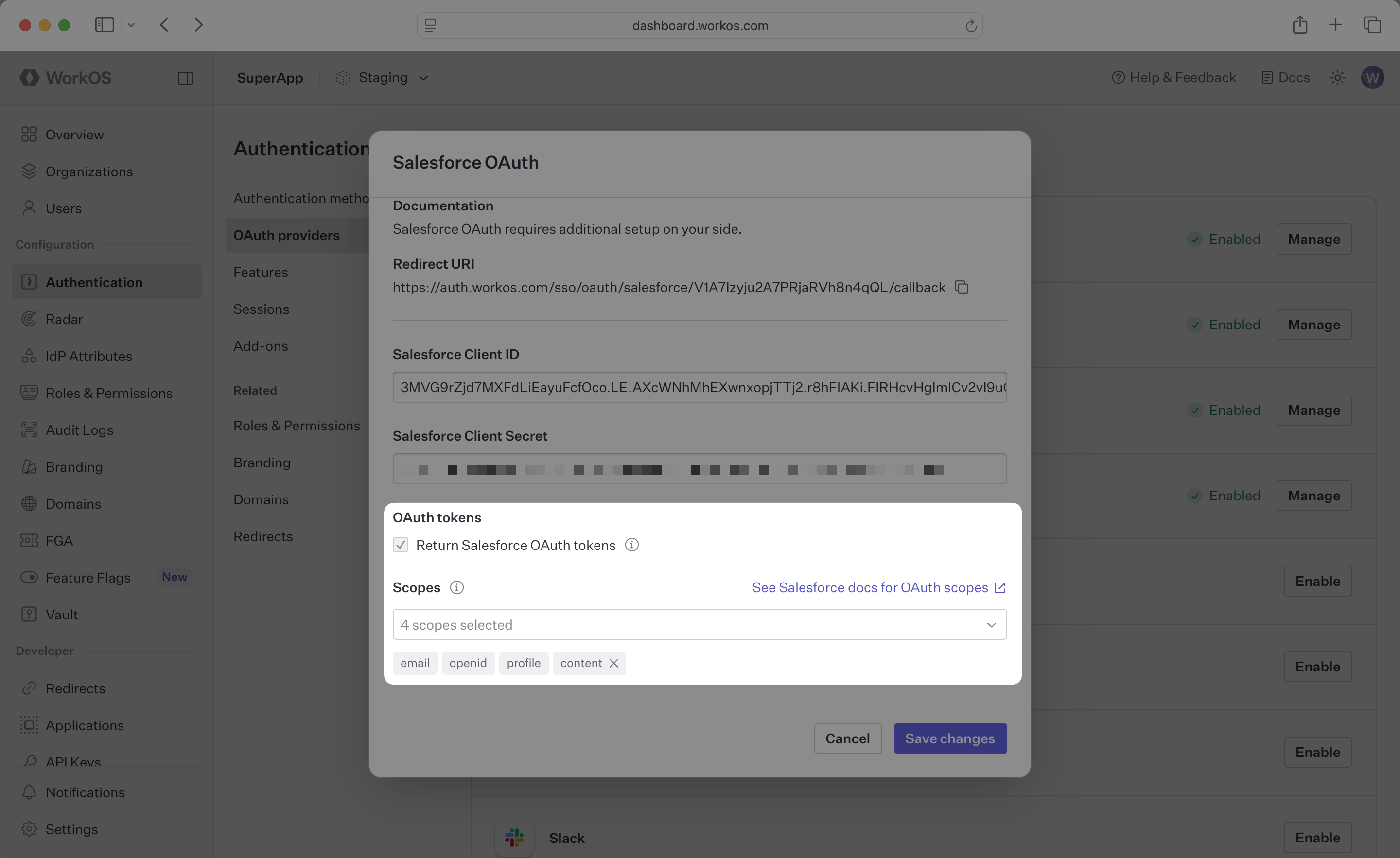 A screenshot showing Salesforce OAuth scopes configuration in the WorkOS Dashboard