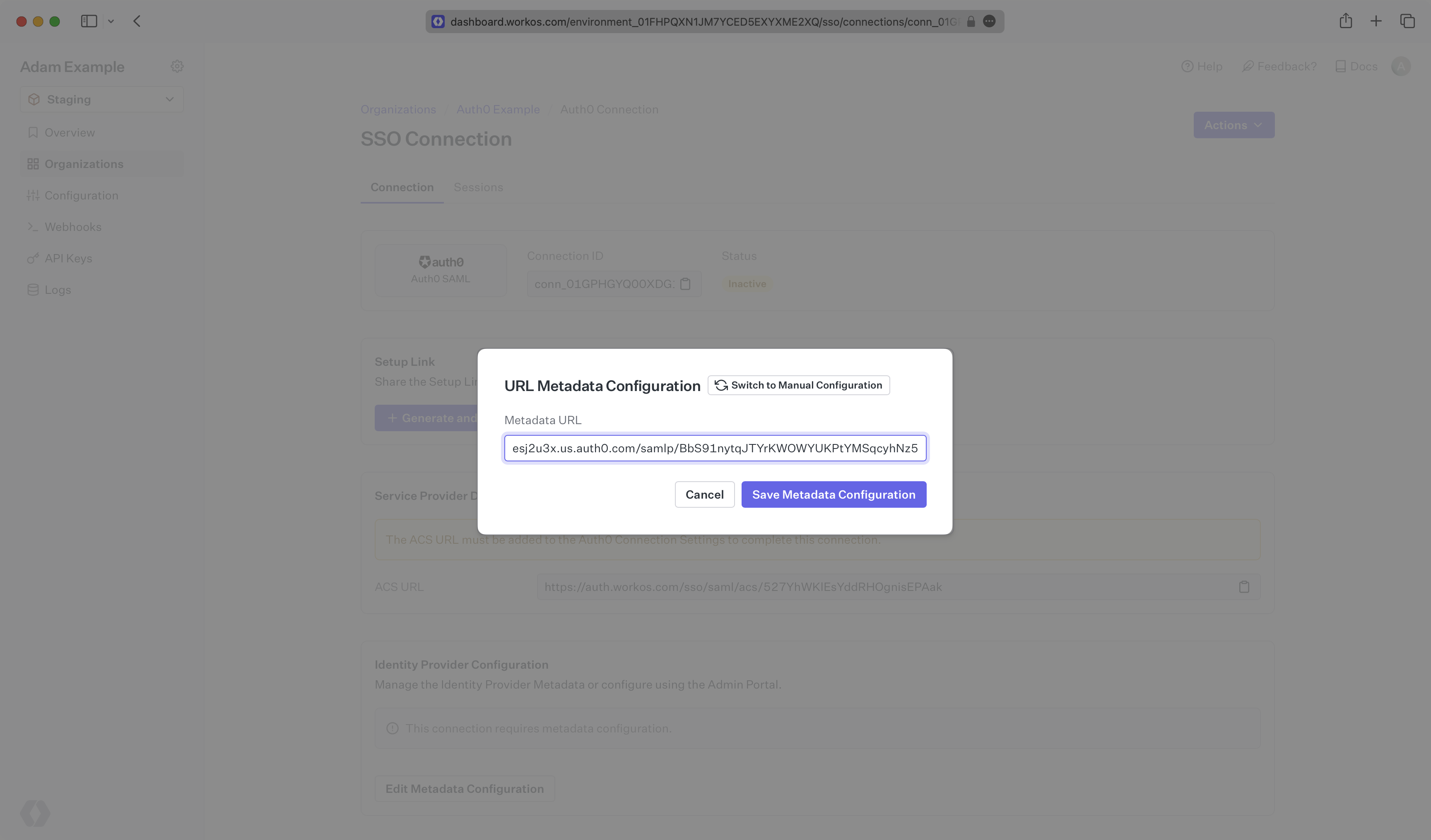 A screenshot showing where to place the Auth0 IdP Metadata URL in the WorkOS Dashboard.