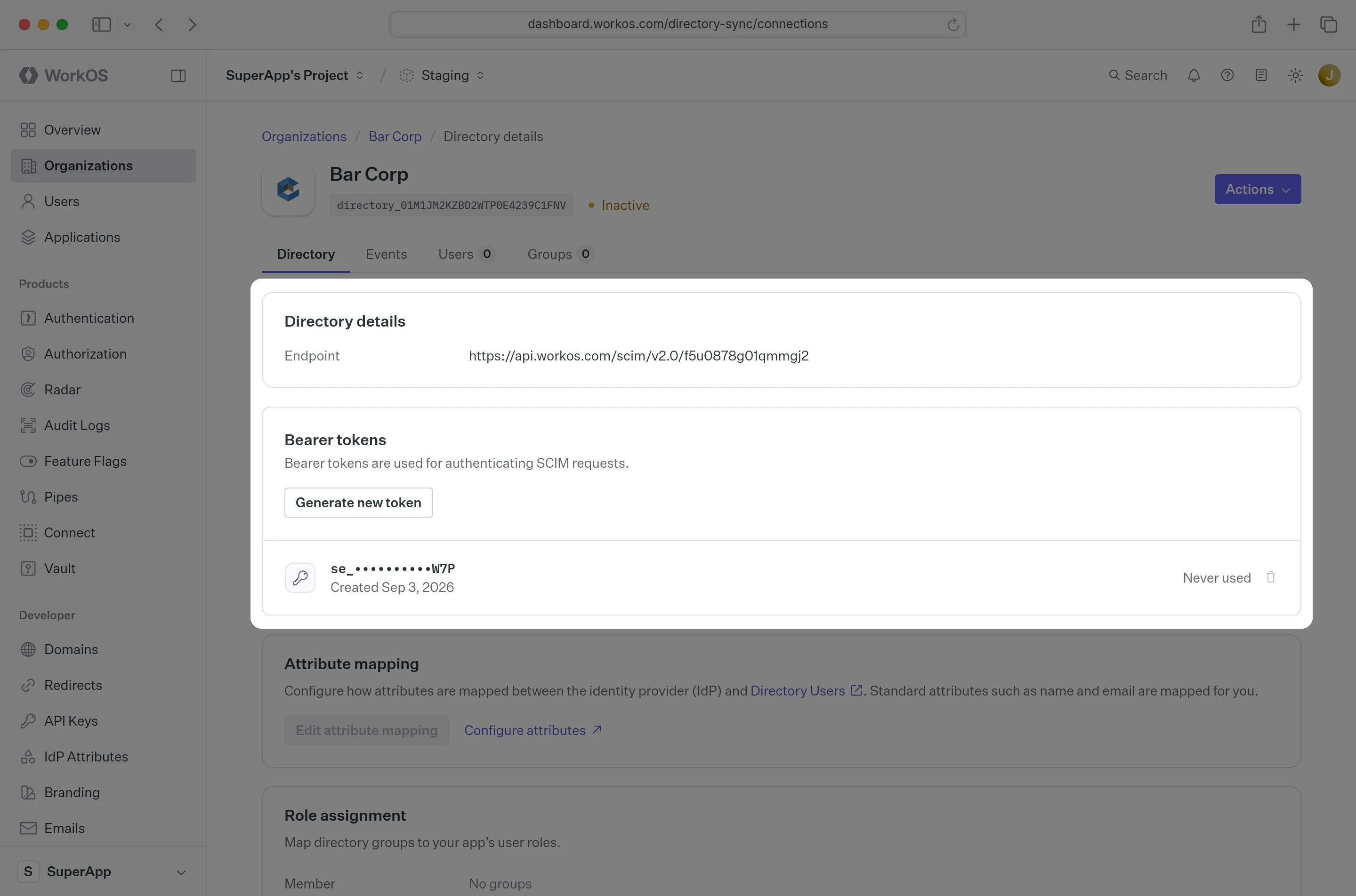 A screenshot showing the Endpoint and Bearer Token in the WorkOS dashboard.