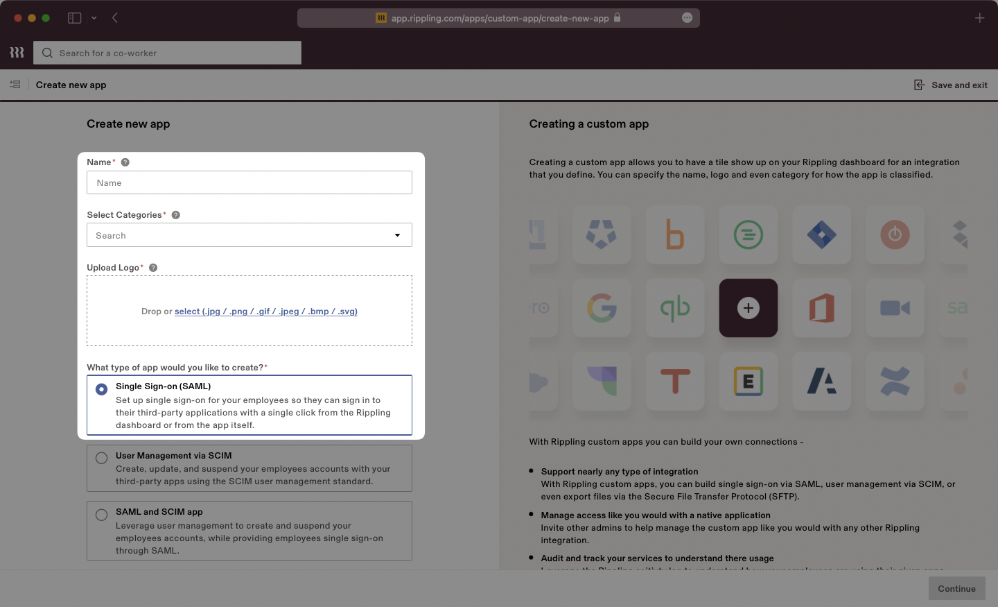 A screenshot showing where to configure the new app's "Name", "Categories", and app type in the Rippling dashboard.