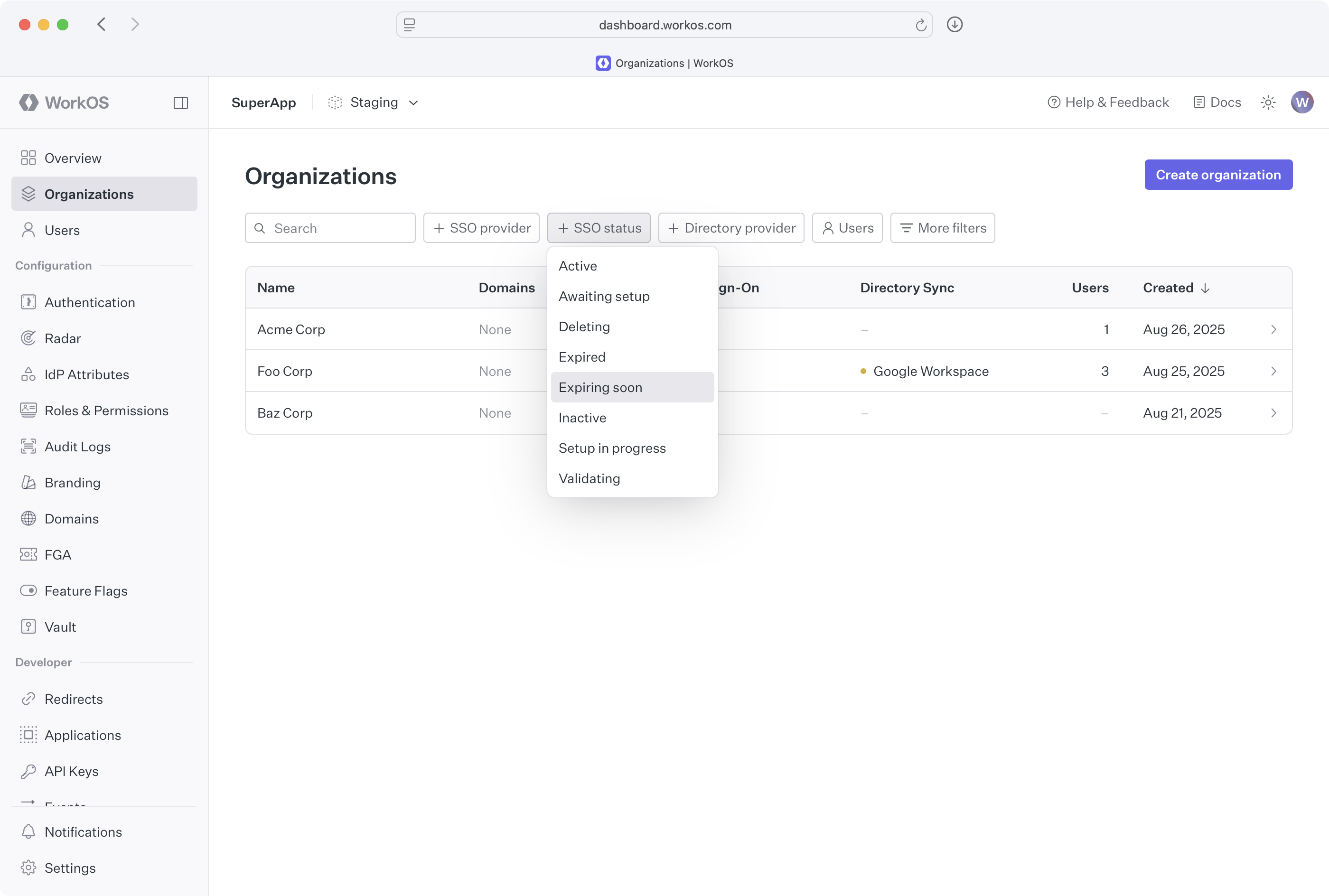 Organization page expired filter