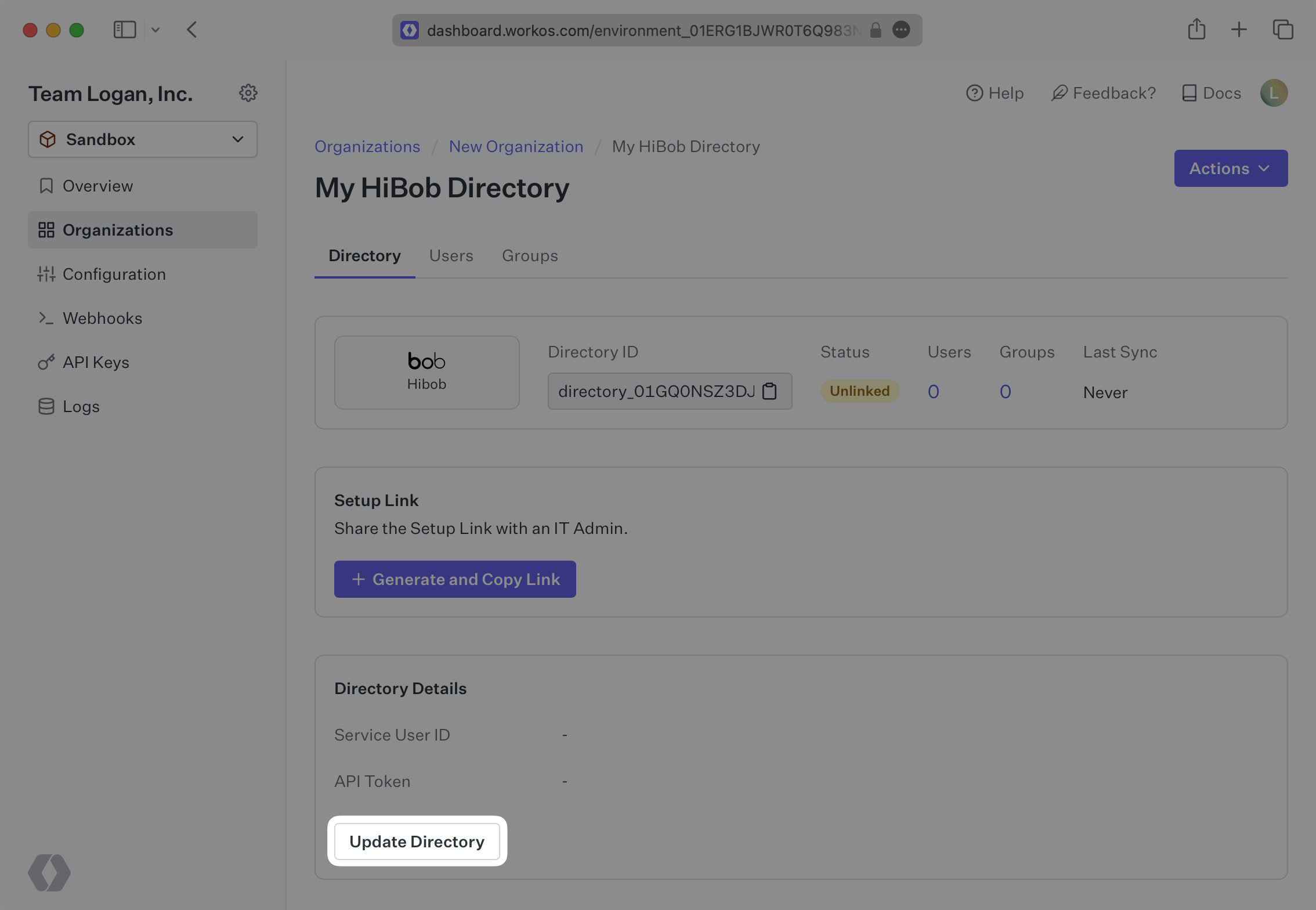 A screenshot highlighting the "Update Directory" button in a HiBob directory in the WorkOS Dashboard.