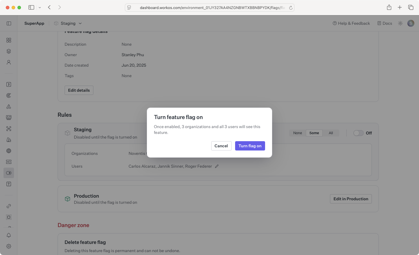 A screenshot showing the enabling of a feature flag.