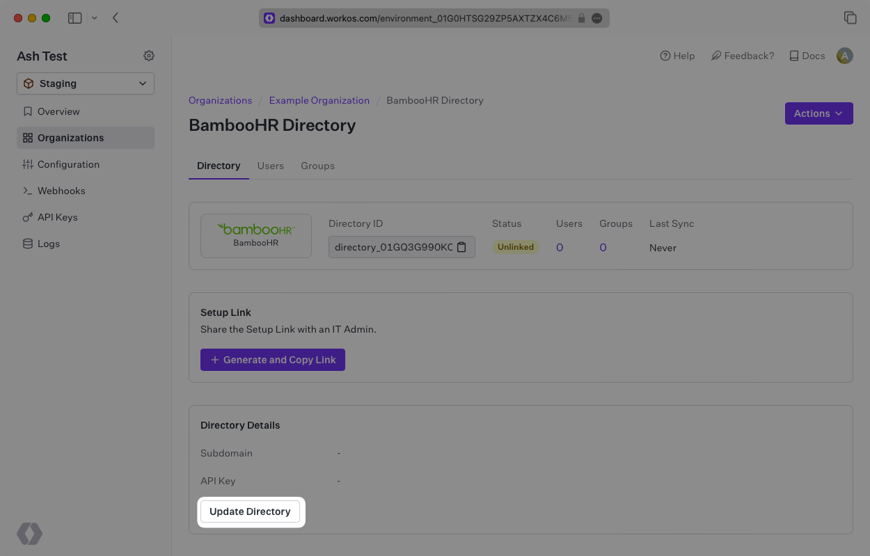 A screenshot showing where to find the "Update Directory" button in the WorkOS Dashboard.