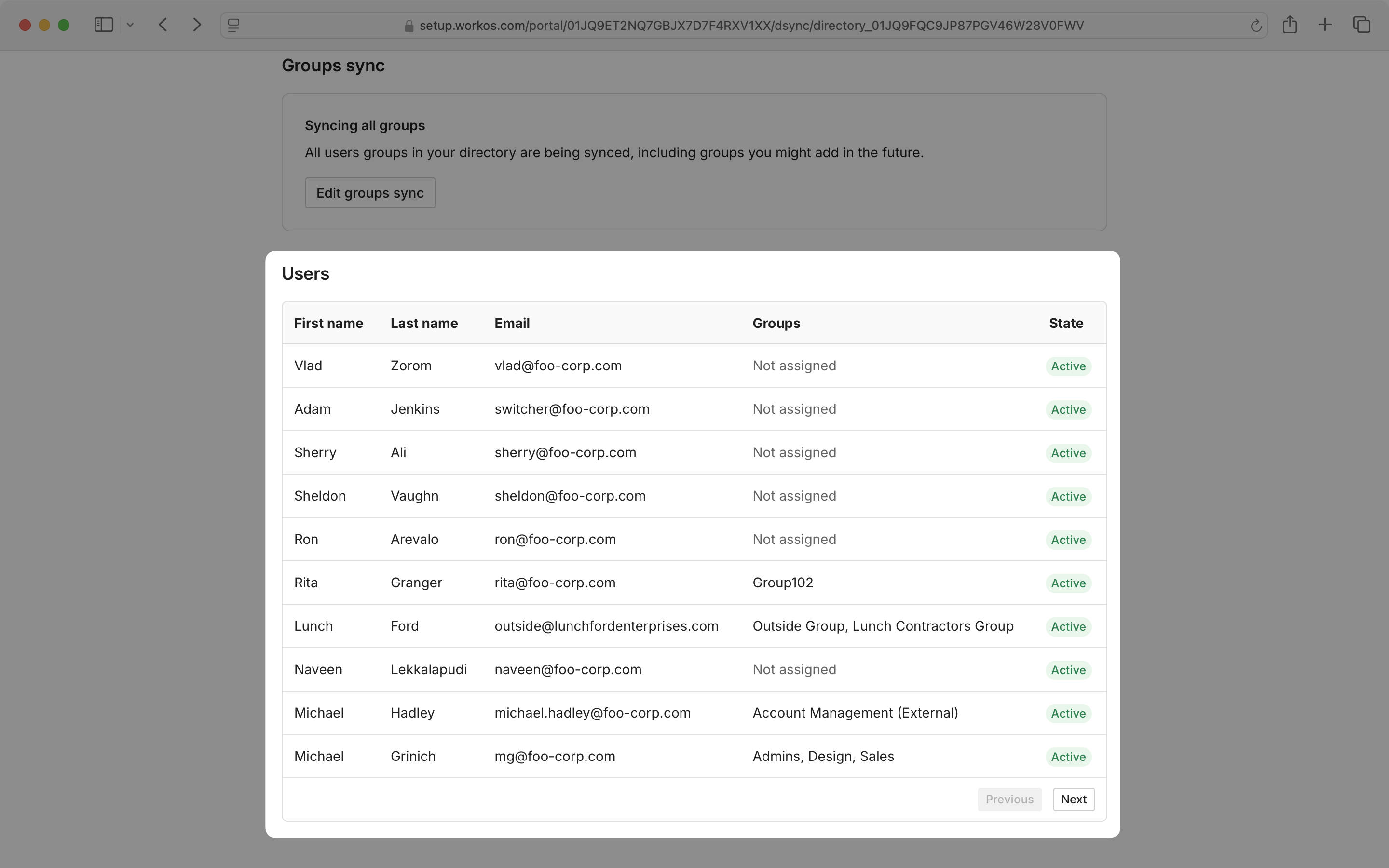 A screenshot showing the user list in the Admin Portal Directory Sync screen.