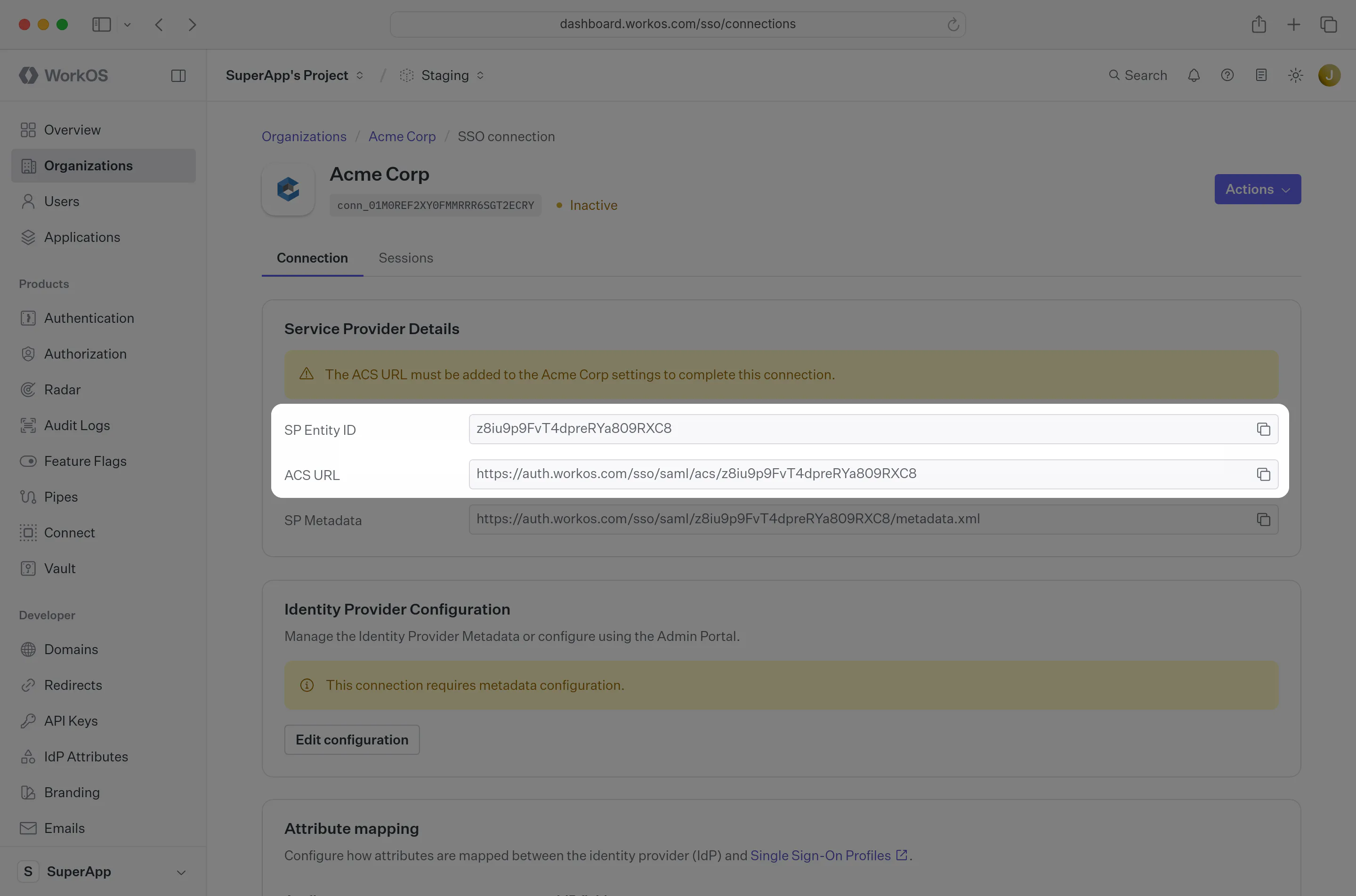 A screenshot showing where to locate the “ACS URL” and “SP Entity ID” in the WorkOS dashboard.