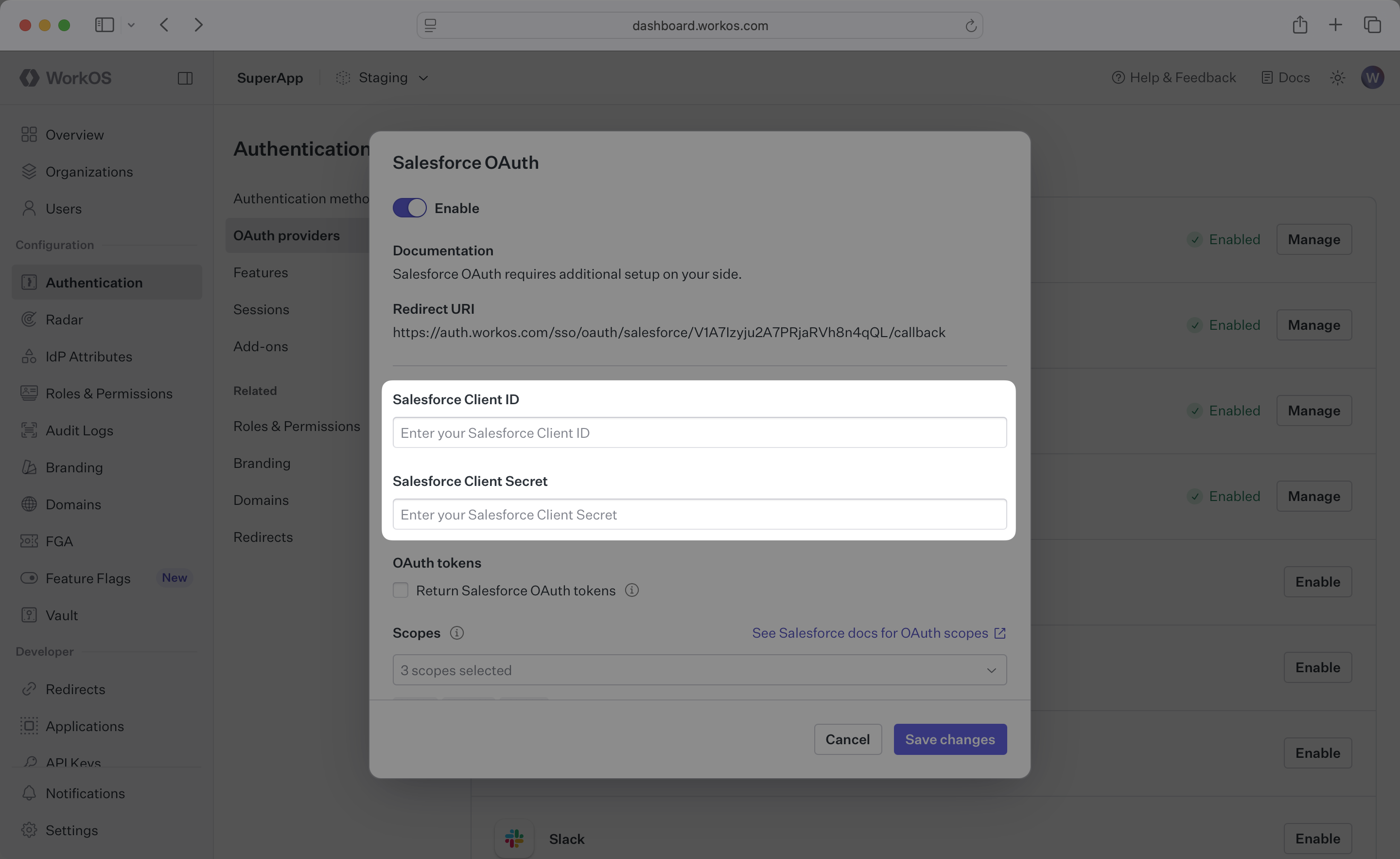 Where to enter the Salesforce Consumer Key and Salesforce Consumer Secret in the WorkOS Dashboard