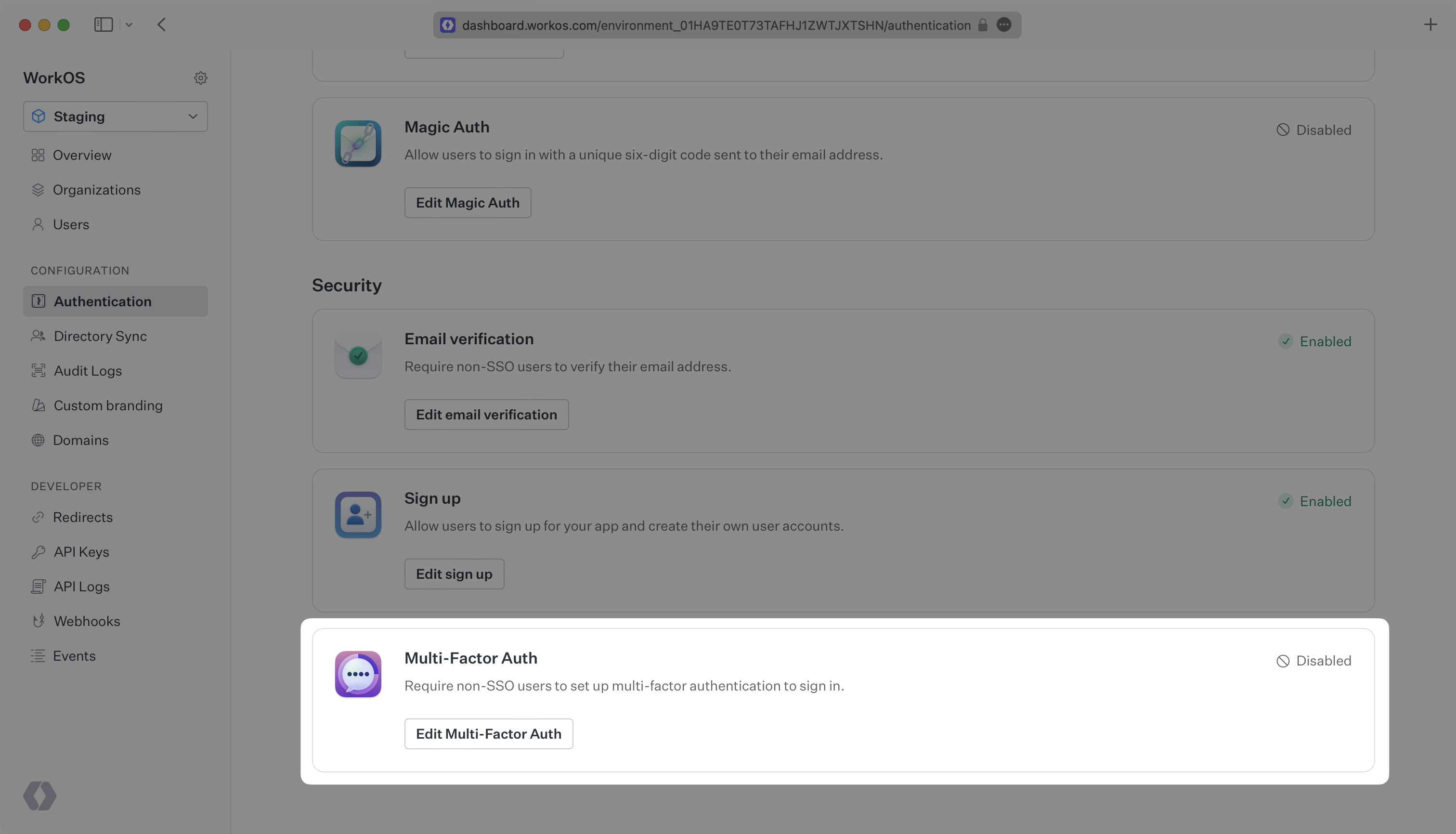 Dashboard showing how to enable MFA