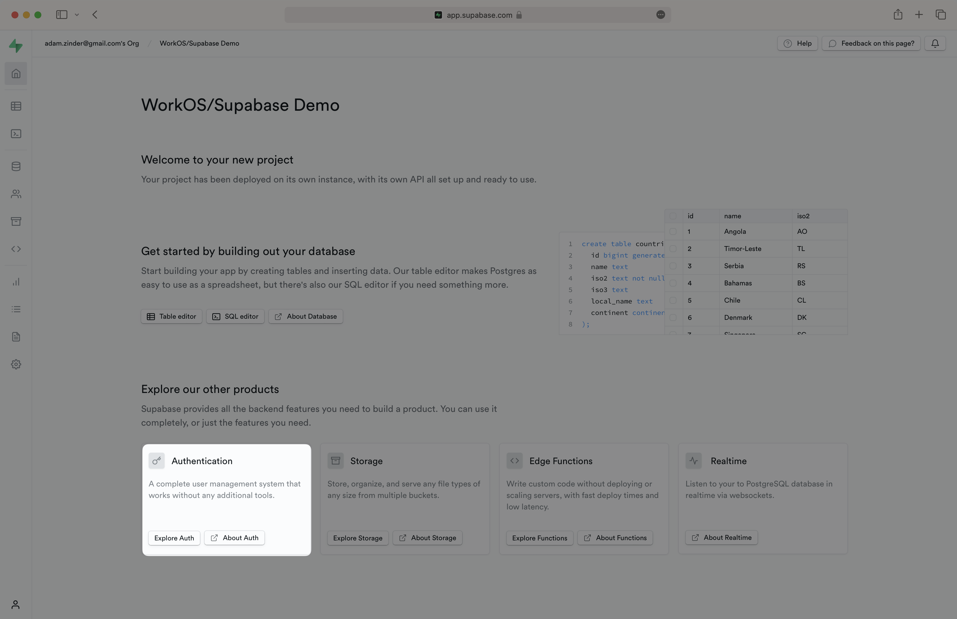 A screenshot showing when to the Authentication section is in the Supabase project dashboard.