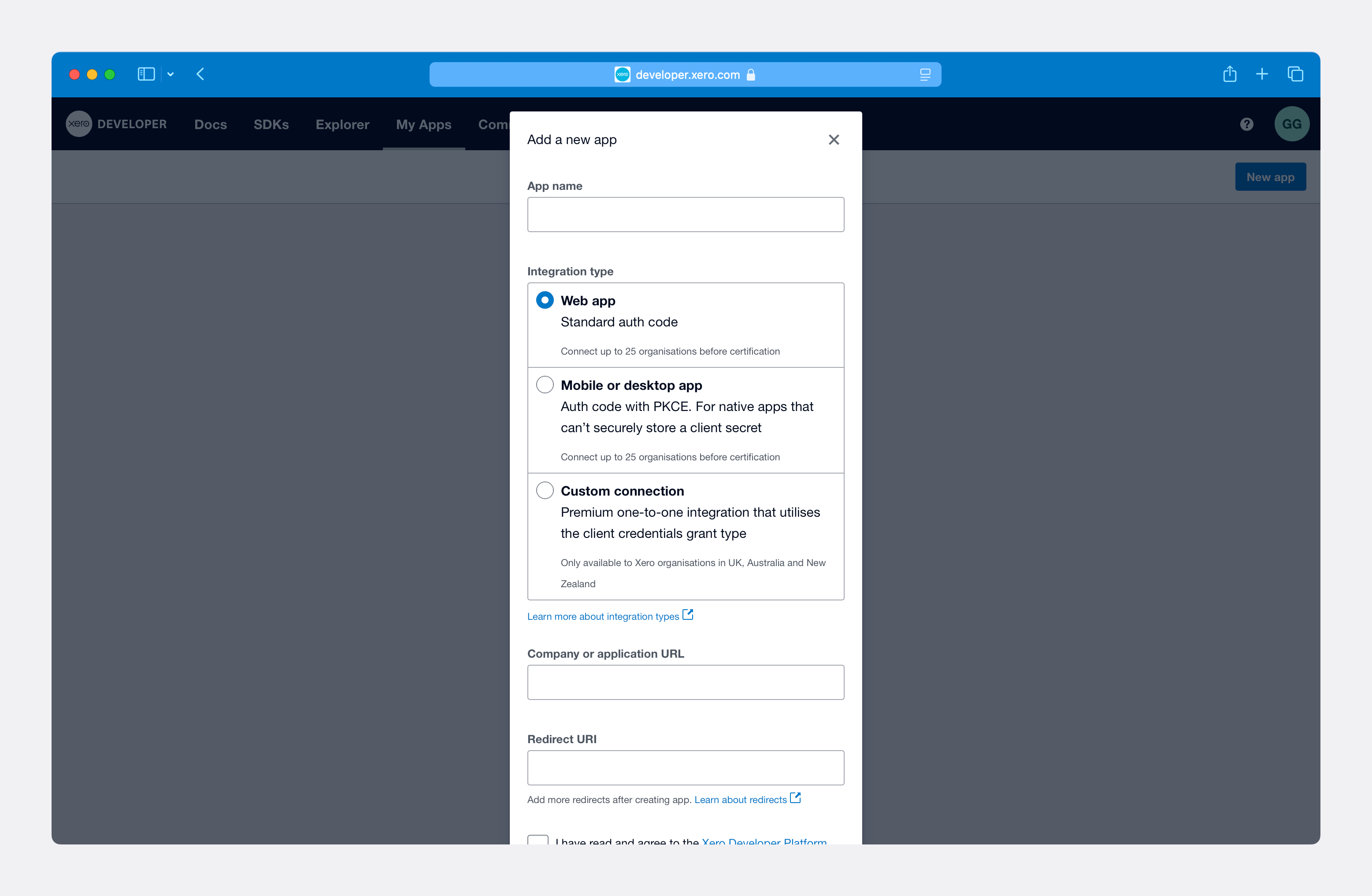 The Xero form to create a new OAuth application.