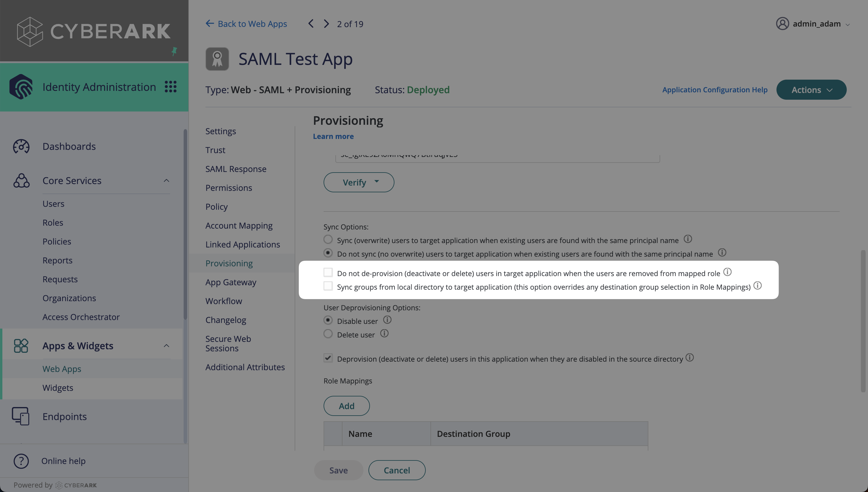 A screenshot showing which checkboxes to disable in the CyberArk dashboard.