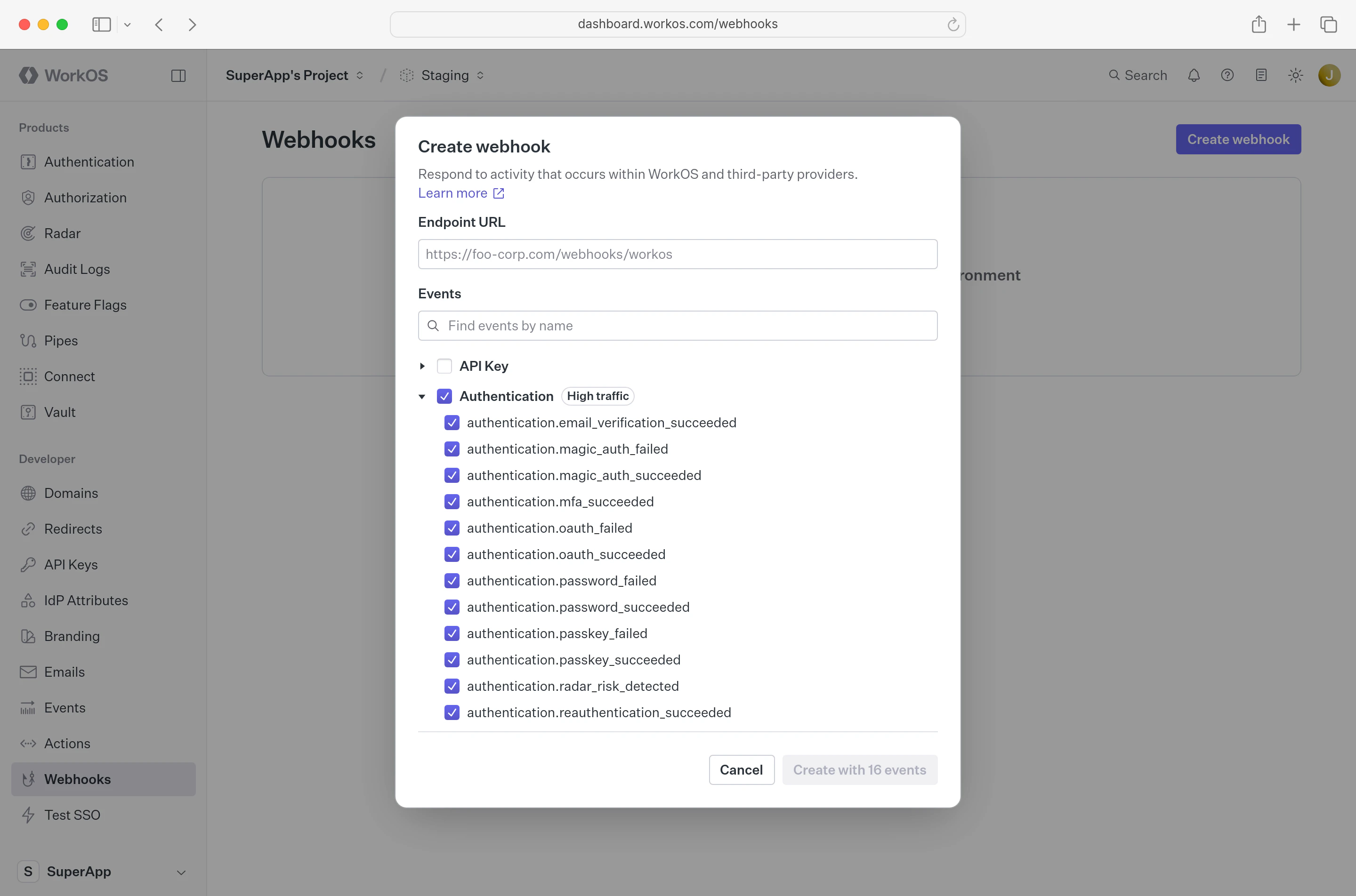 WorkOS Dashboard Webhooks UI