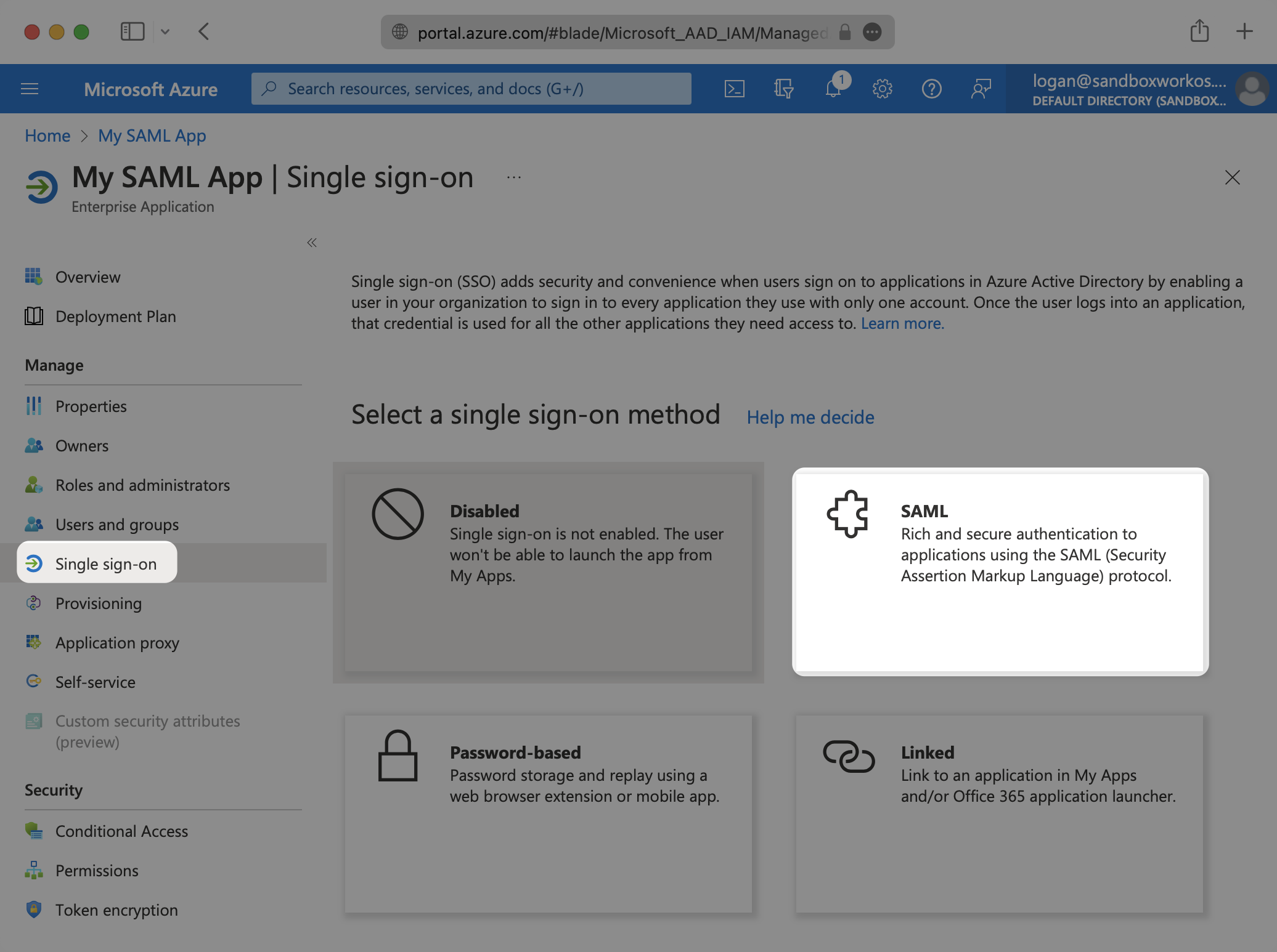 A screenshot showing how to select "SAML" as the Single Sign-On method of the Azure application in the Azure dashboard.