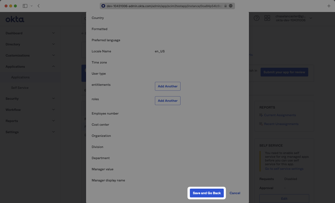 A screenshot showing where to select "Save and Go Back" to complete user assignment in Okta.