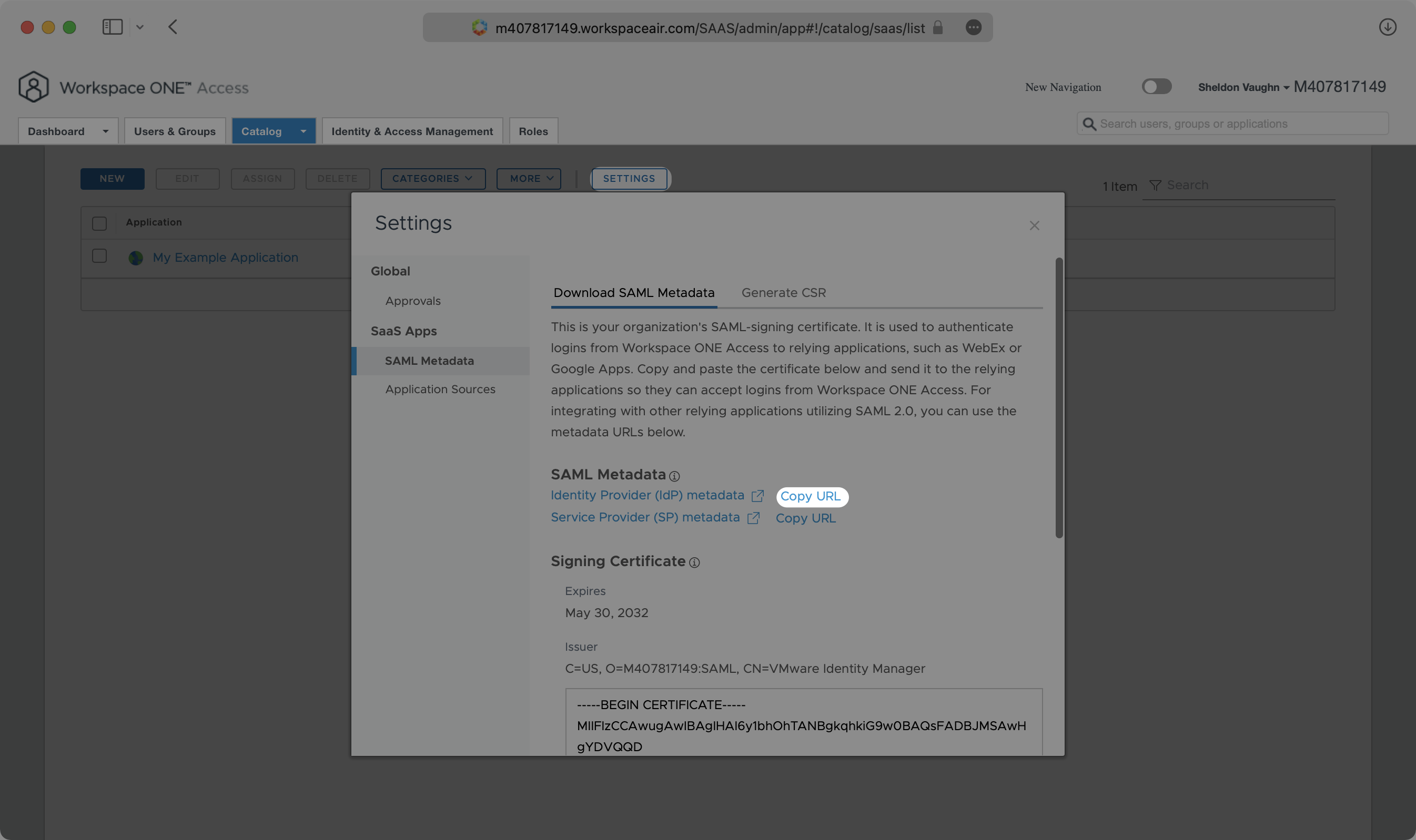 A screenshot showing where to find metadata URL in VMware application.