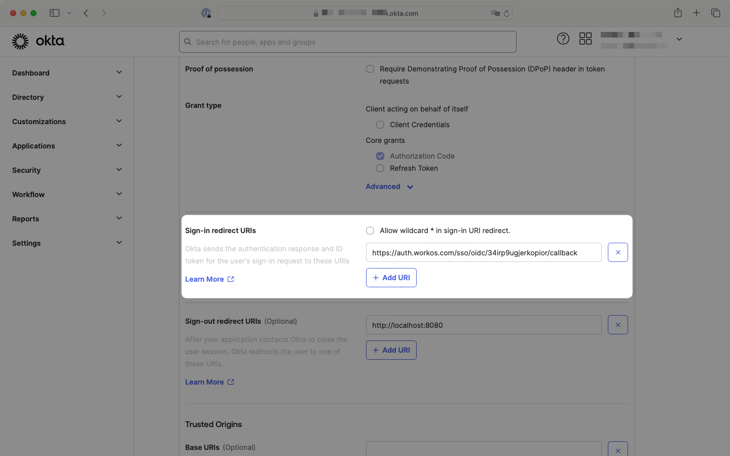 Sign-in redirect URIs configuration with WorkOS redirect URI entered