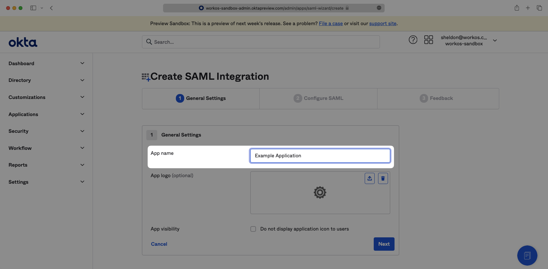 A screenshot showing App name creation in the Okta Dashboard.