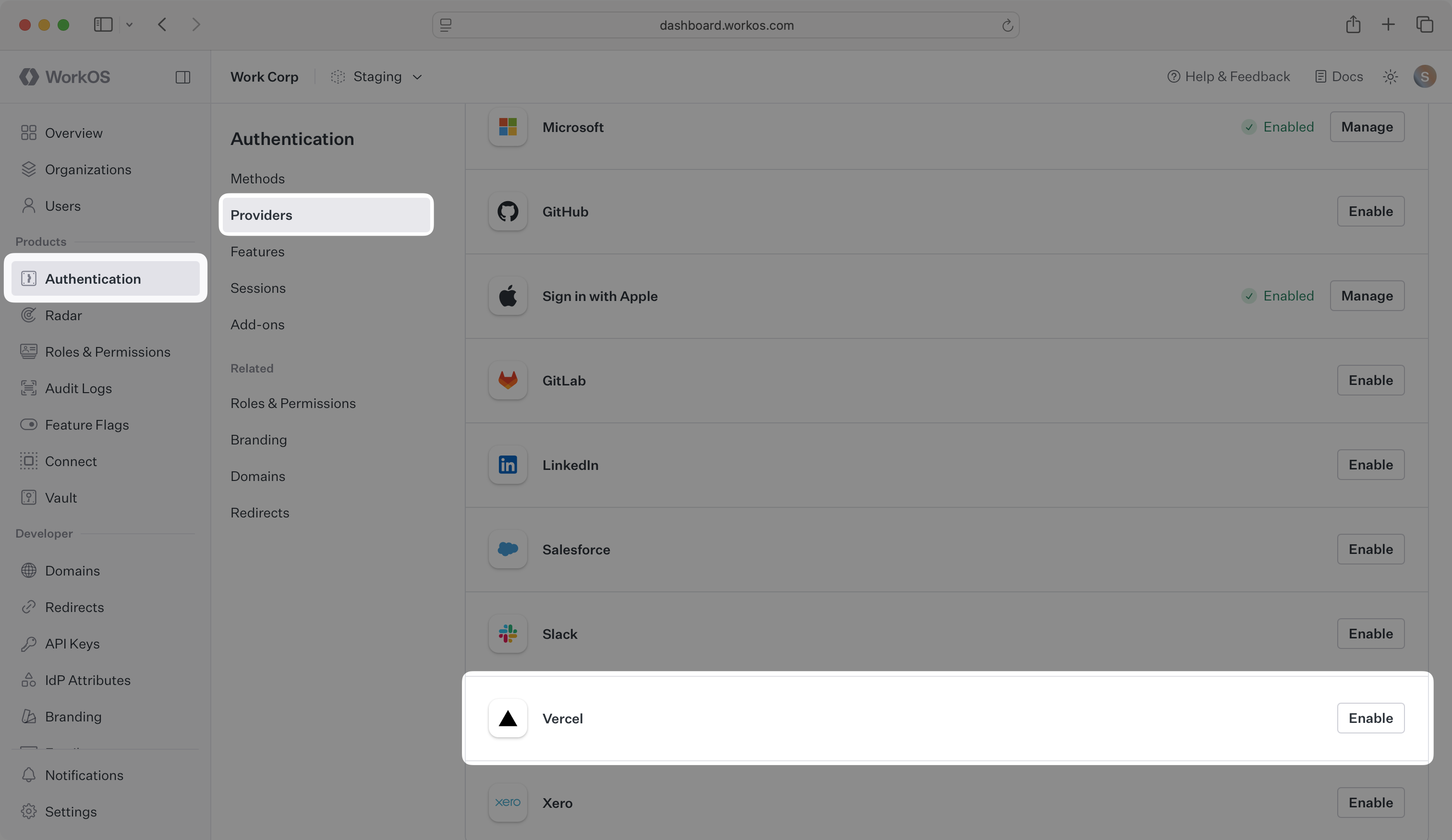 The Vercel OAuth section in the WorkOS Dashboard