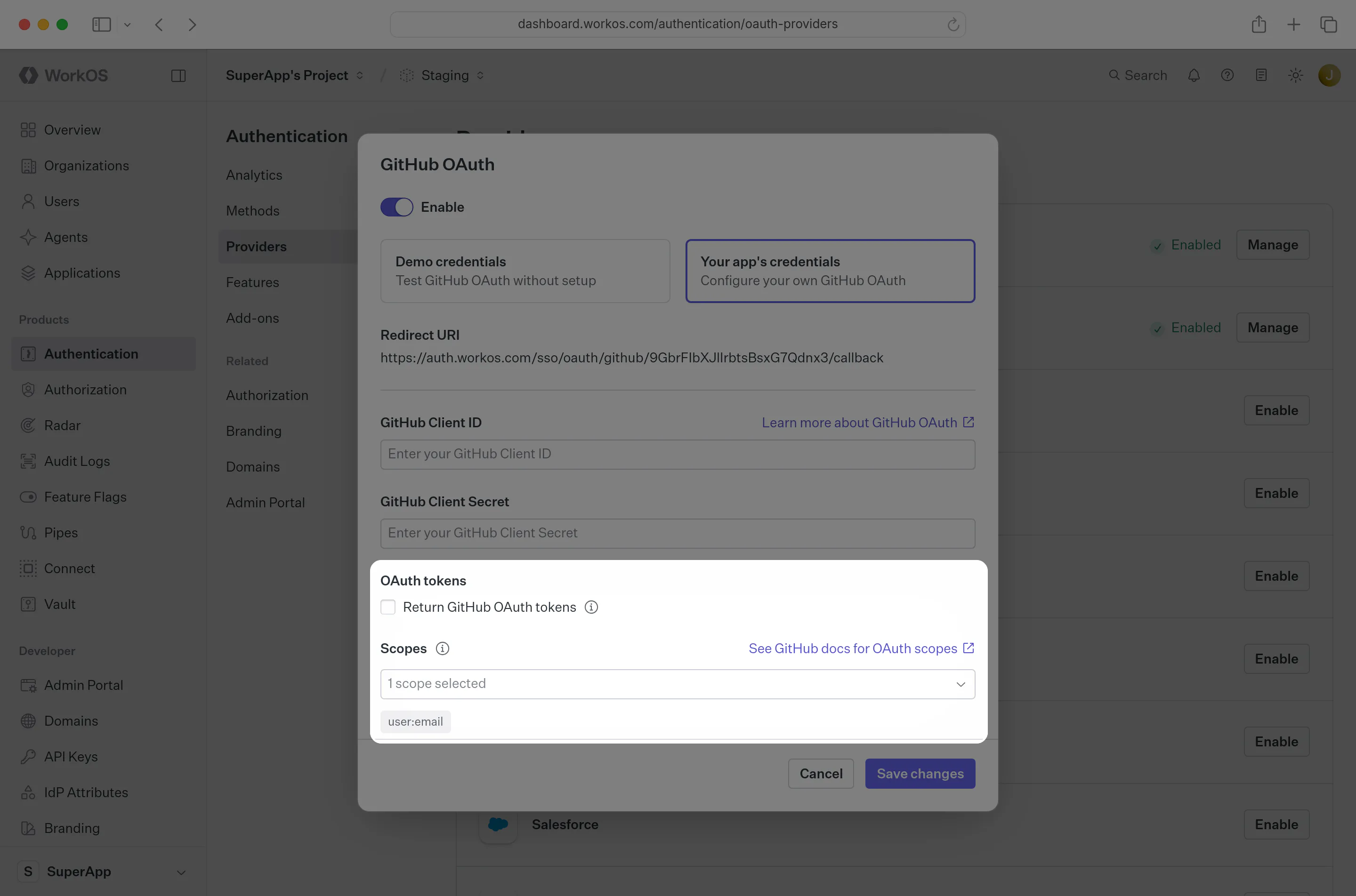 A screenshot showing GitHub OAuth scopes configuration in the WorkOS Dashboard