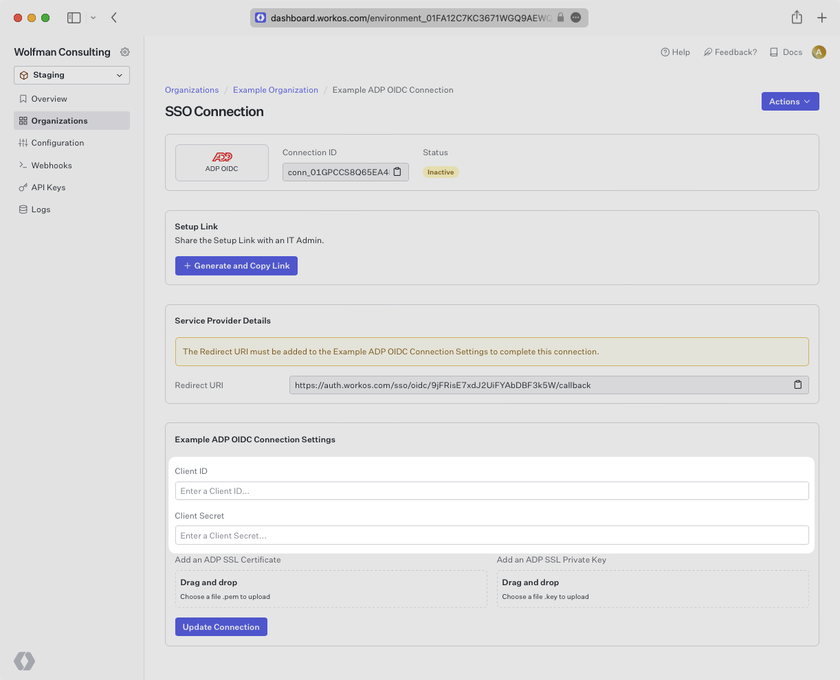 A screenshot showing where to enter the ADP Client Credentials WorkOS Dashboard.