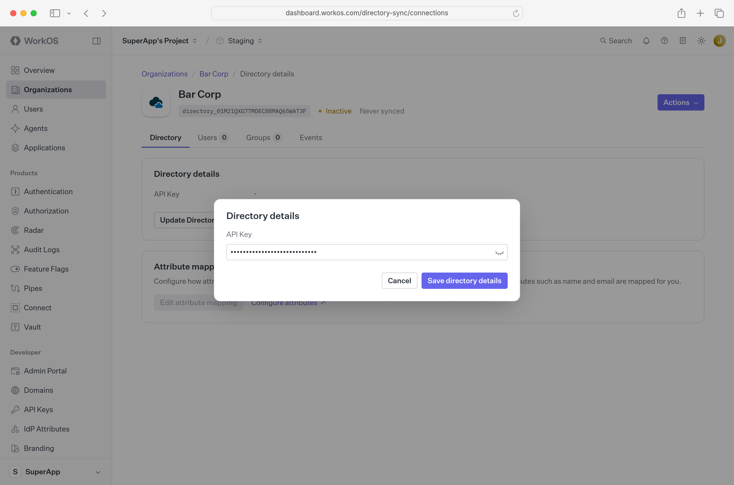 A screenshot showing the input of the Breathe HR API key into the “Directory Details” modal in the WorkOS dashboard.