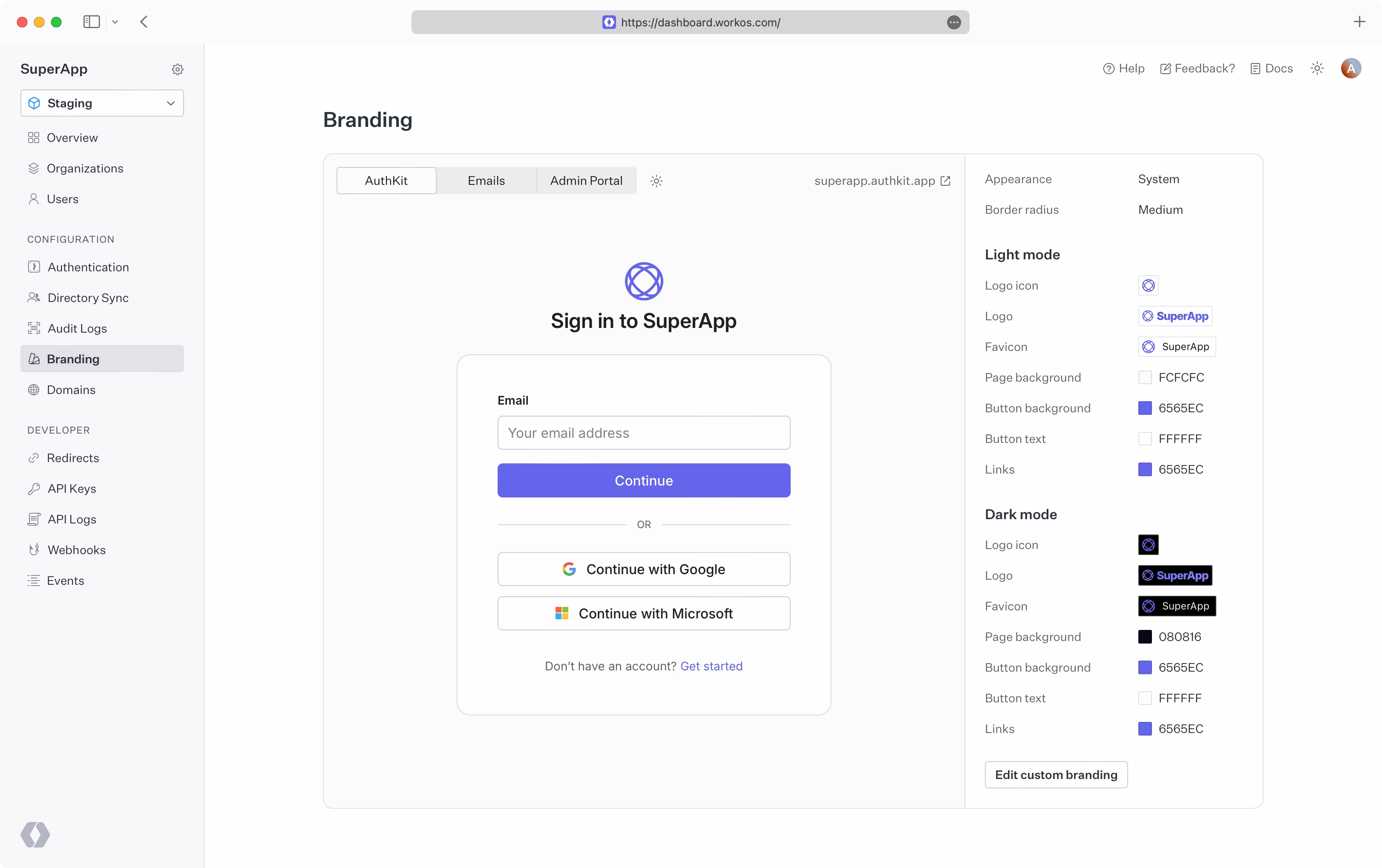 A screenshot showing the WorkOS Dashboard branding settings page.