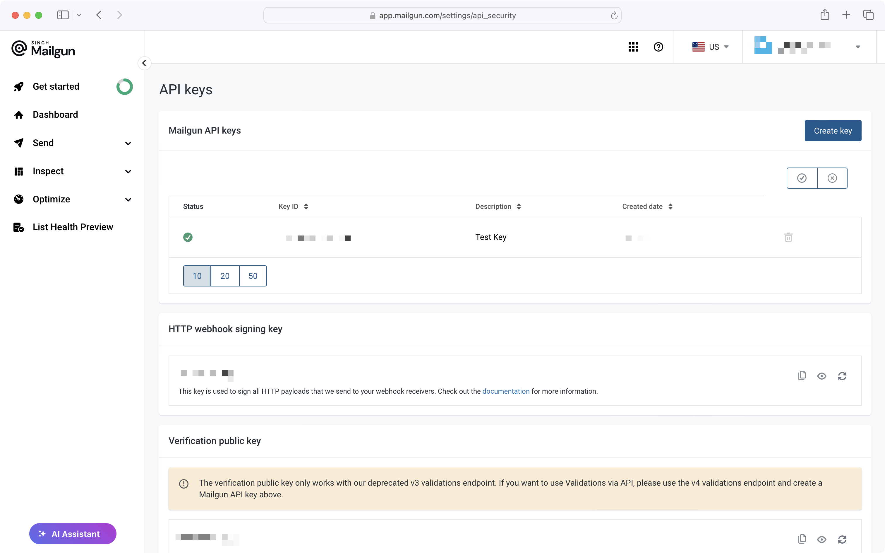 A screenshot showing the Mailgun API Security page