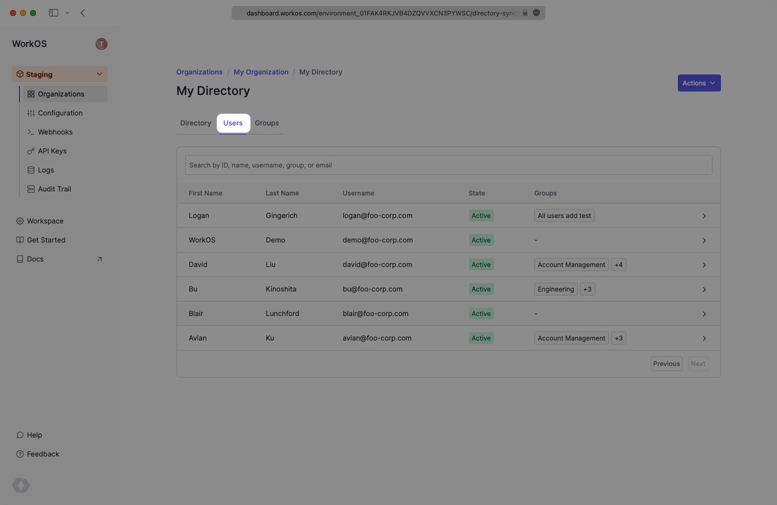 A screenshot showing the populated "Users" tab in the CyberArk SCIM directory in the WorkOS dashboard.