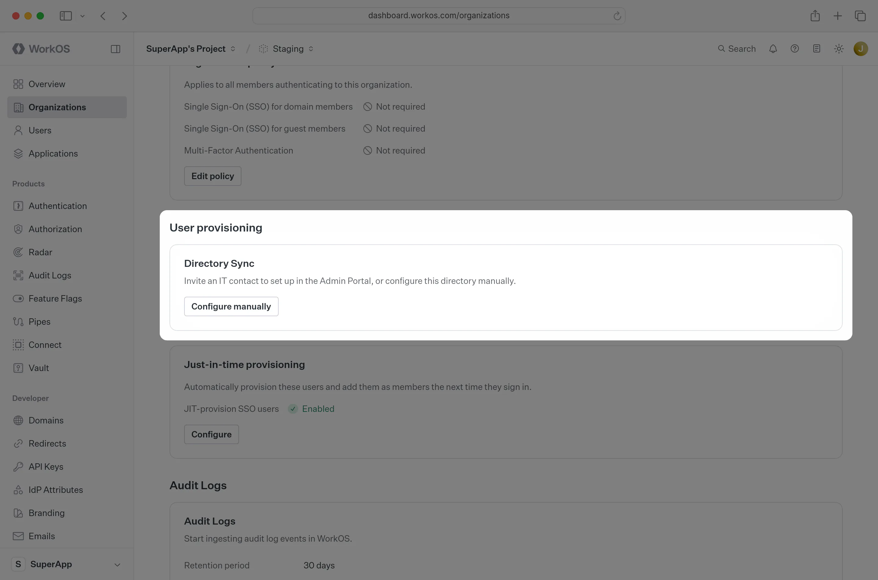 A screenshot showing where to select “Manually Configure Directory” in the WorkOS dashboard.