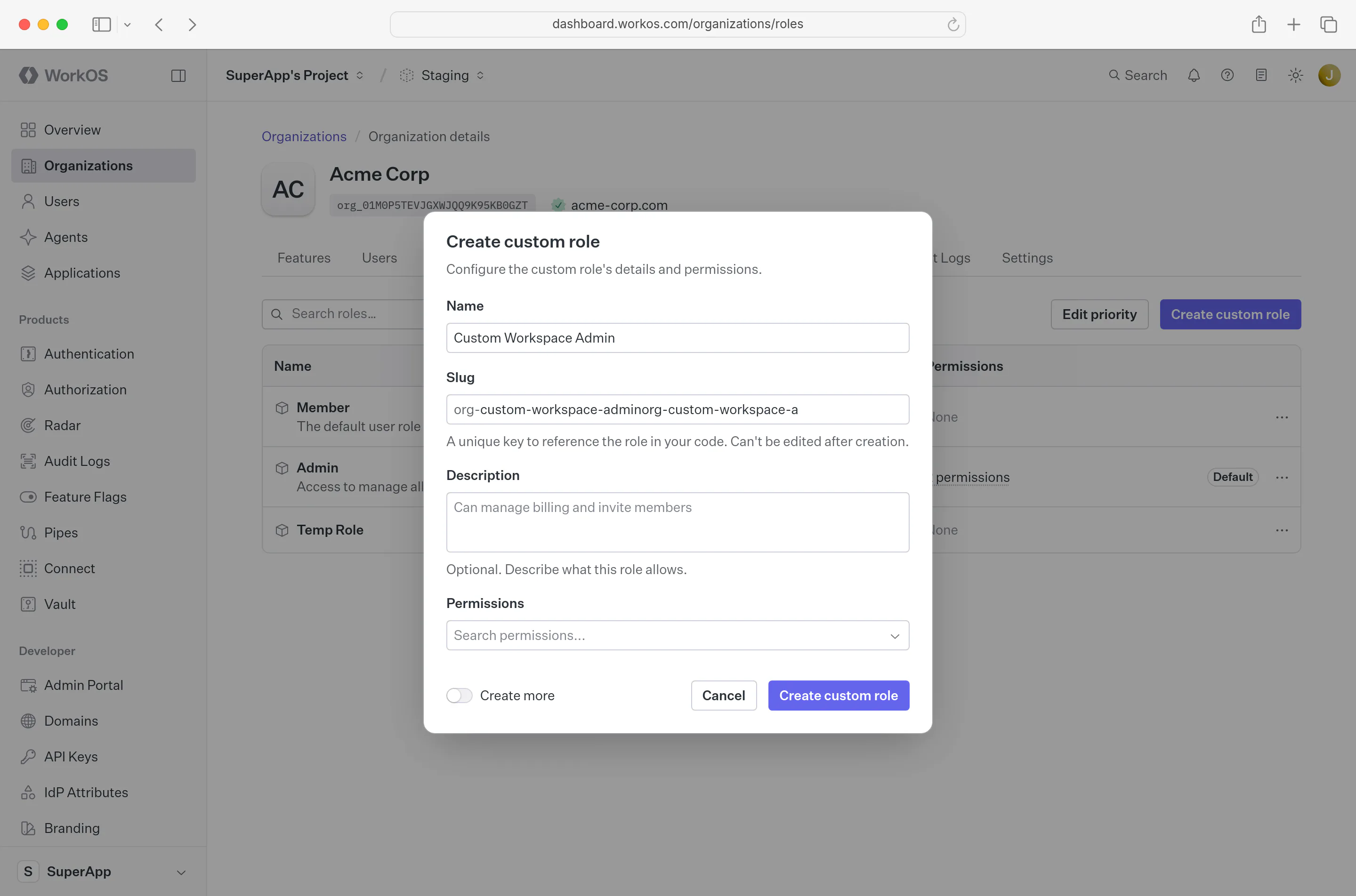Create custom role details step