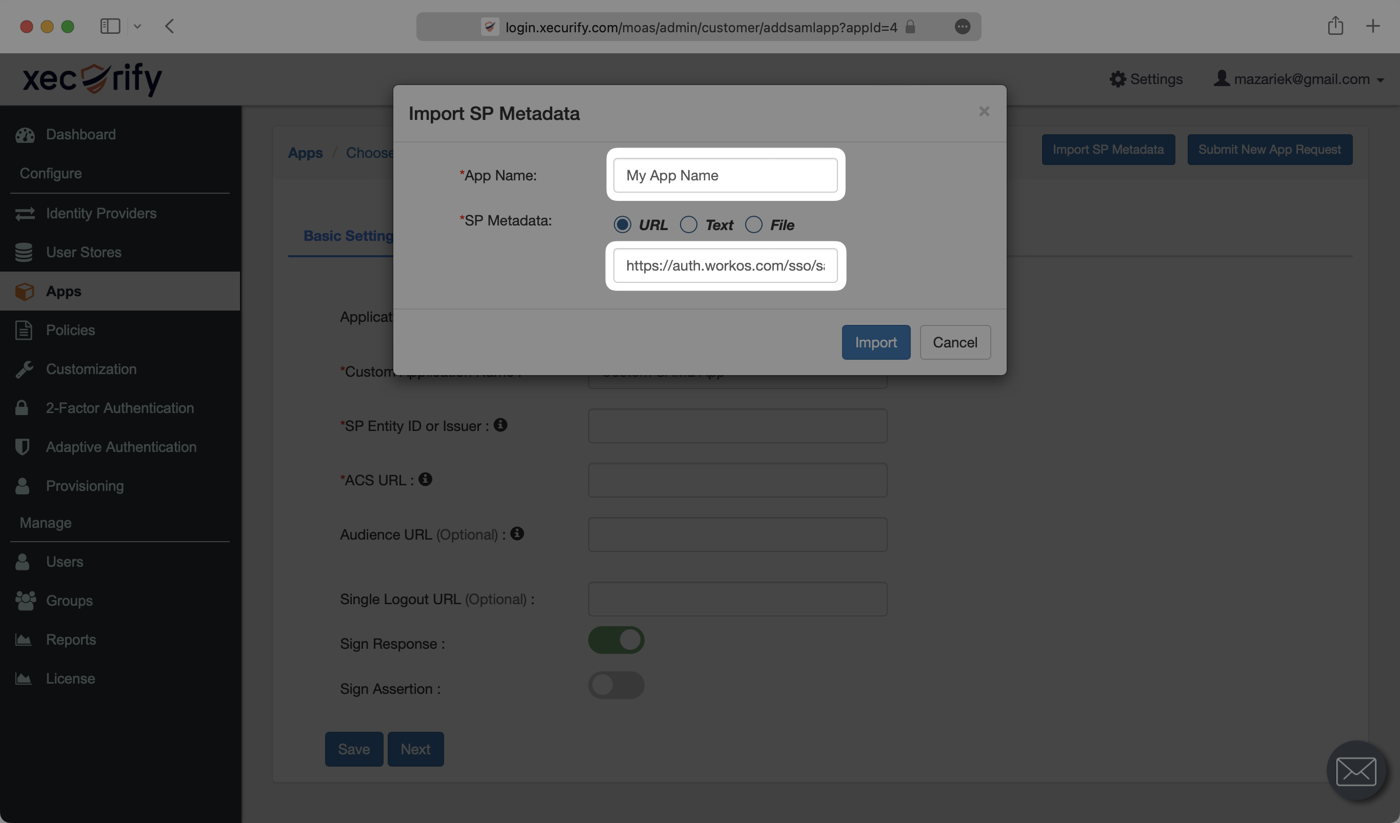 A screenshot showing how to enter an App name and input a metadata URL in the miniOrange dashboard.