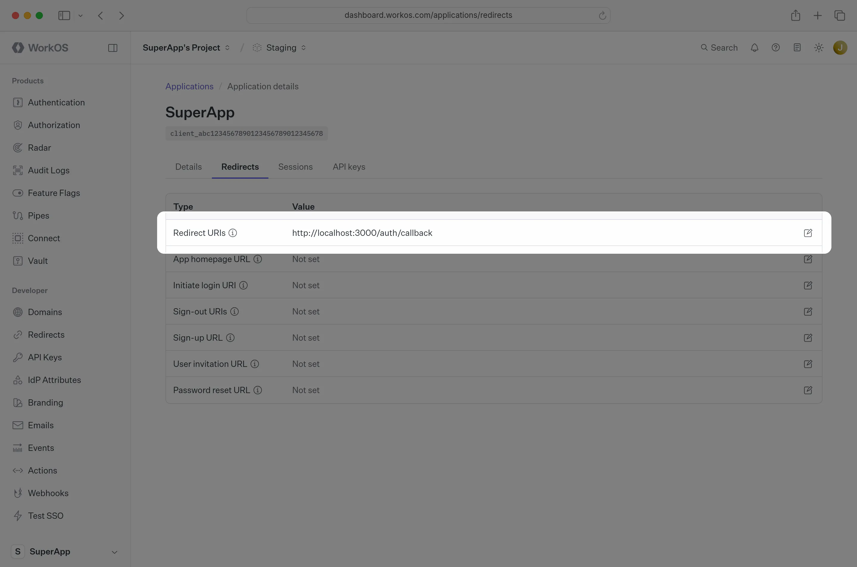 Dashboard Redirect URIs