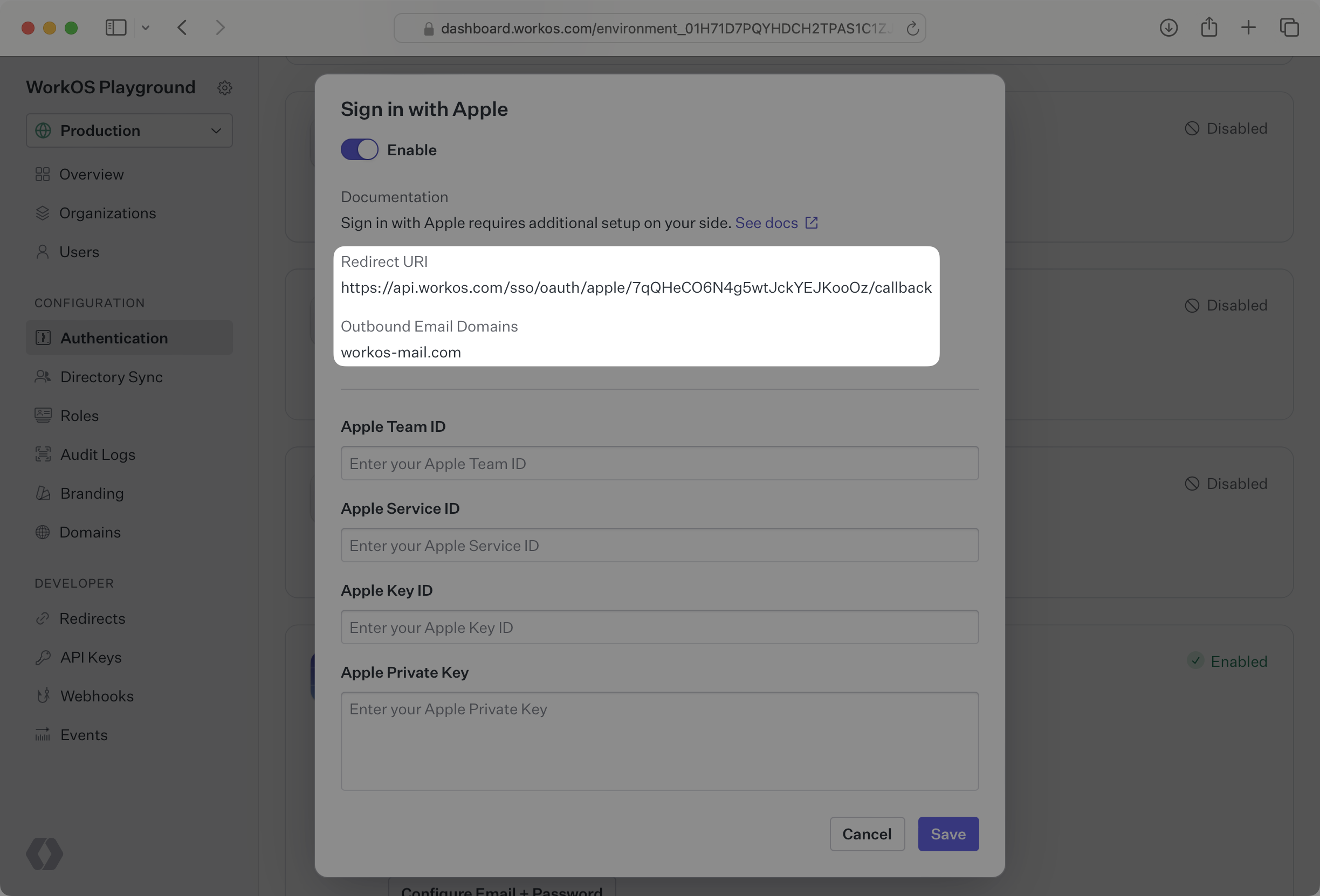 A screenshot showing the Sign in with Apple Redirect URI in the WorkOS dashboard.