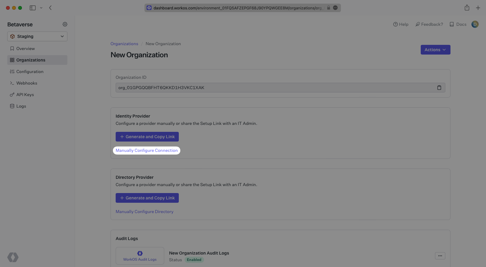 A screenshot showing the "Manual Configure Connection" option in the WorkOS Dashboard.