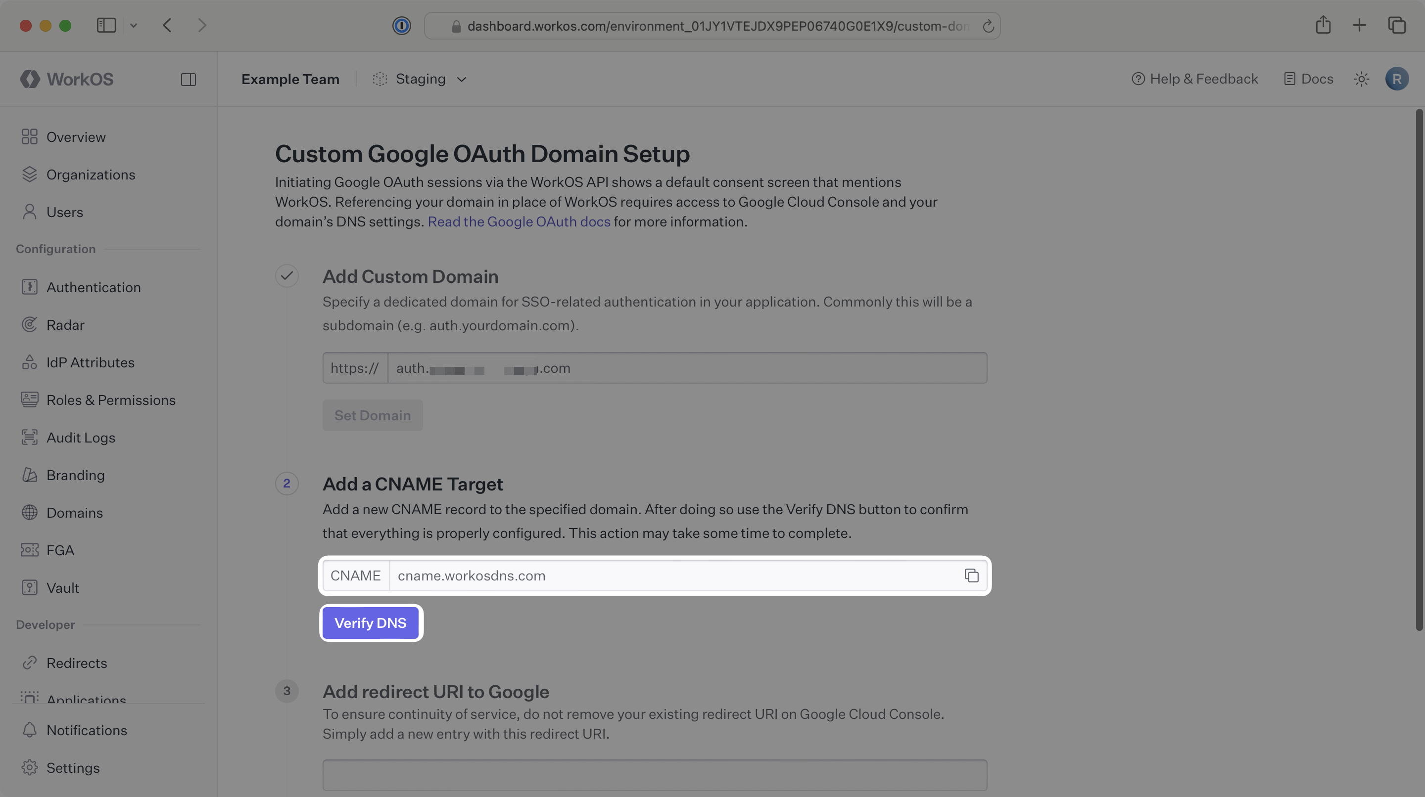 The CNAME target of cname.workosdns.com in the WorkOS Dashboard.