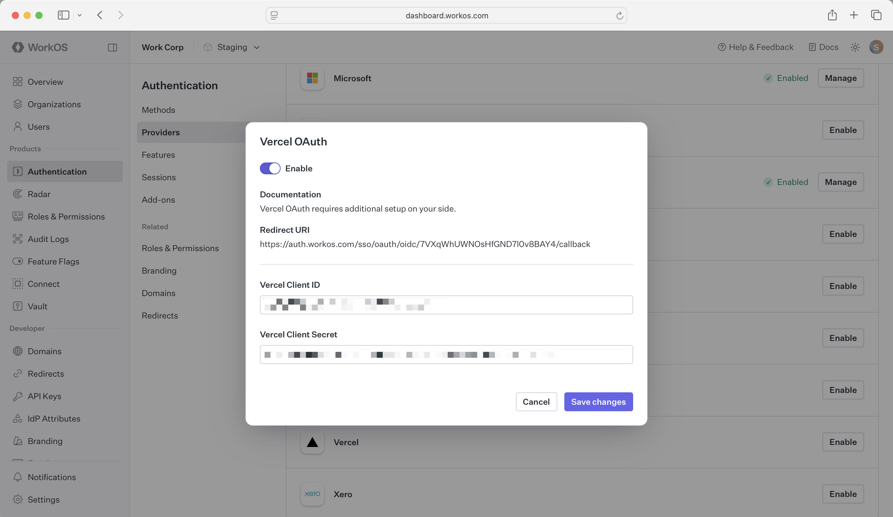 Entering Vercel Credentials in WorkOS Dashboard